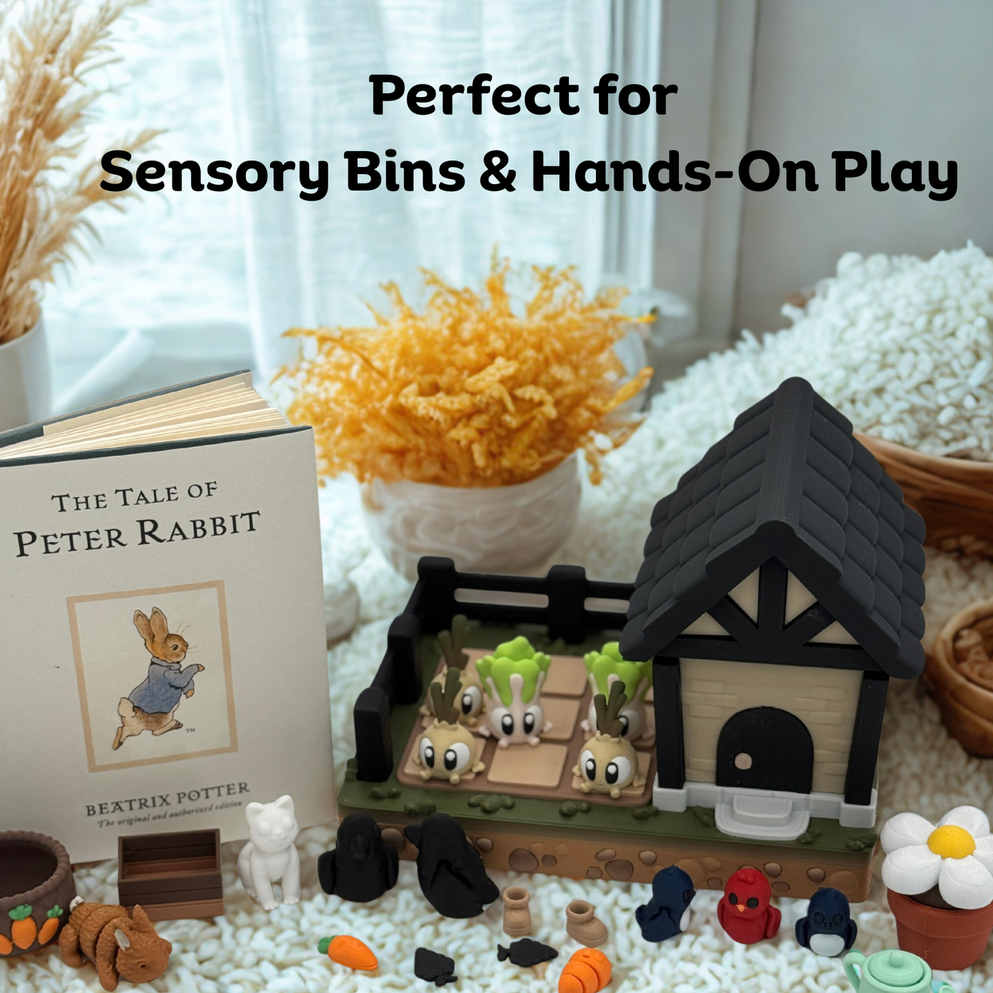 garden story play set used in sensory bin with rice and natural textures for hands-on learning and play