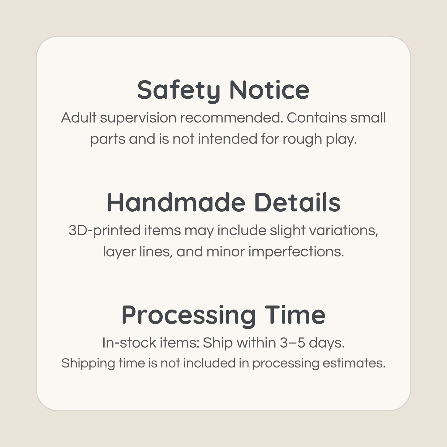 Safety and handmade details for 3D printed miniature play set with processing information