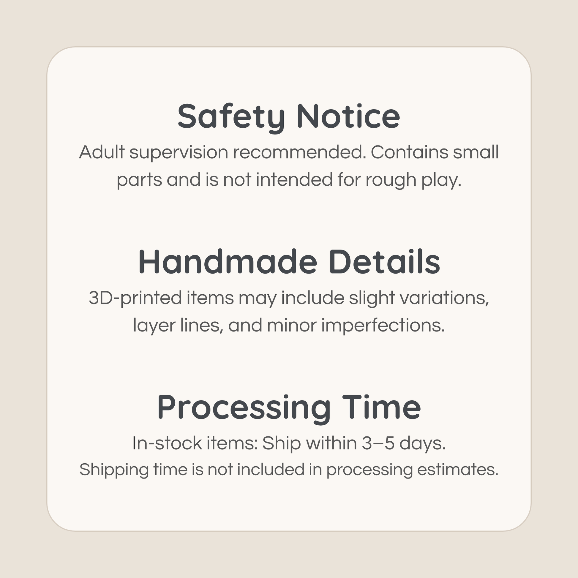 Safety and handmade details for 3D printed miniature play set with processing information