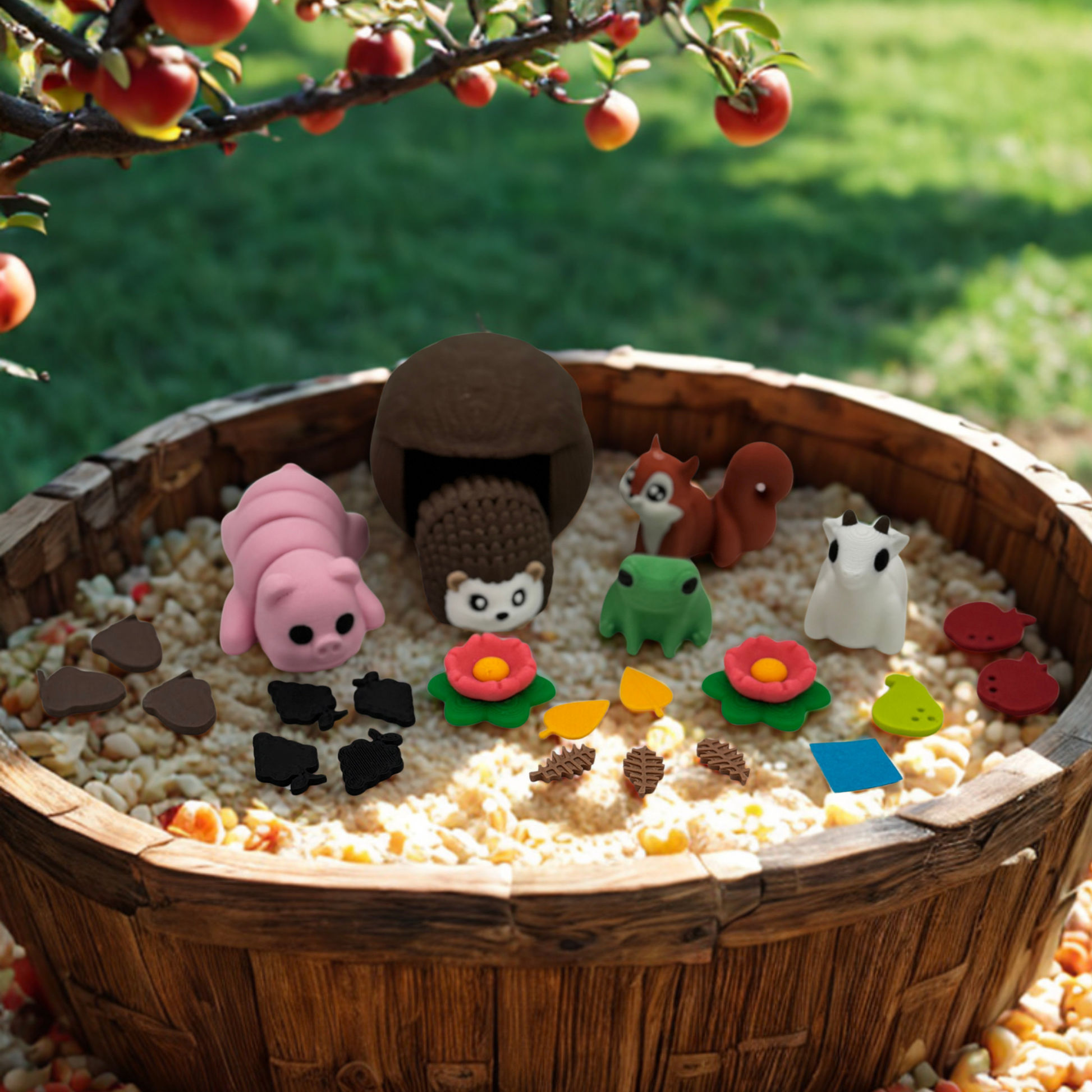 Hedgehog miniature set in apple orchard sensory bin with apples and woodland scene for storytelling play