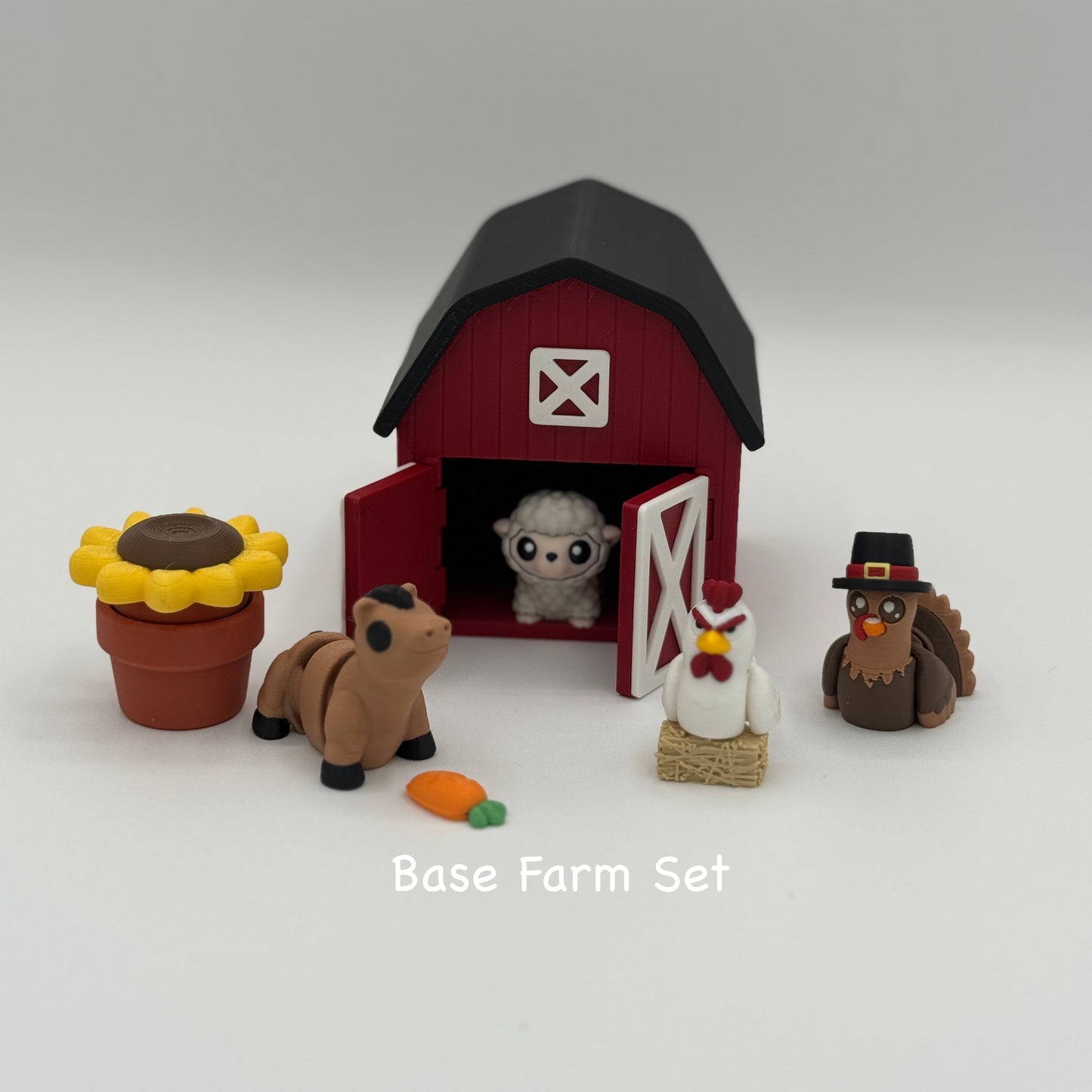 Farm animal miniature playset with red barn, horse, sheep, rooster, and food accessories for small world and sensory play