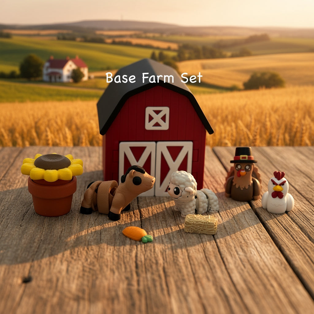 Farm animal small world playset staged on wooden surface for imaginative play and storytelling