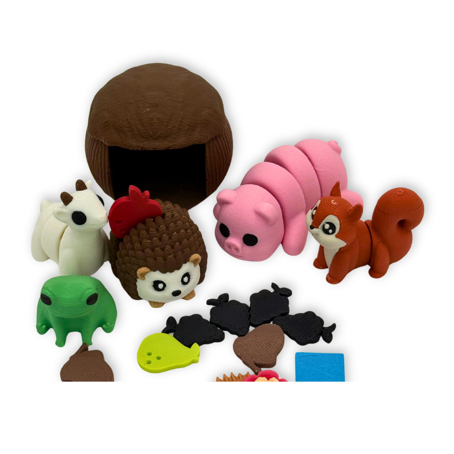 Hedgehog and Friends miniature animals and hedgehog house displayed together on white background