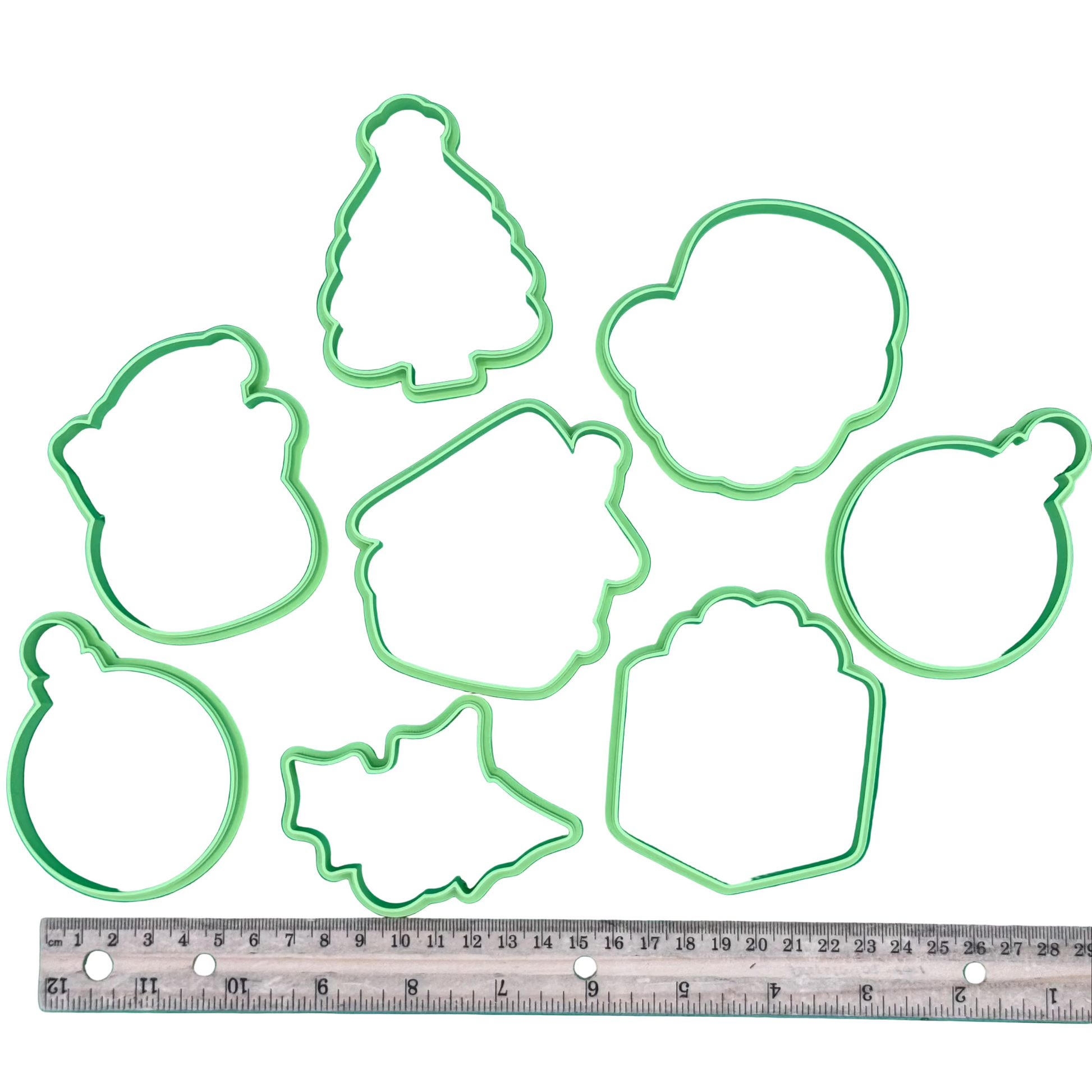 Christmas play dough cutters – outline shapes with size reference.