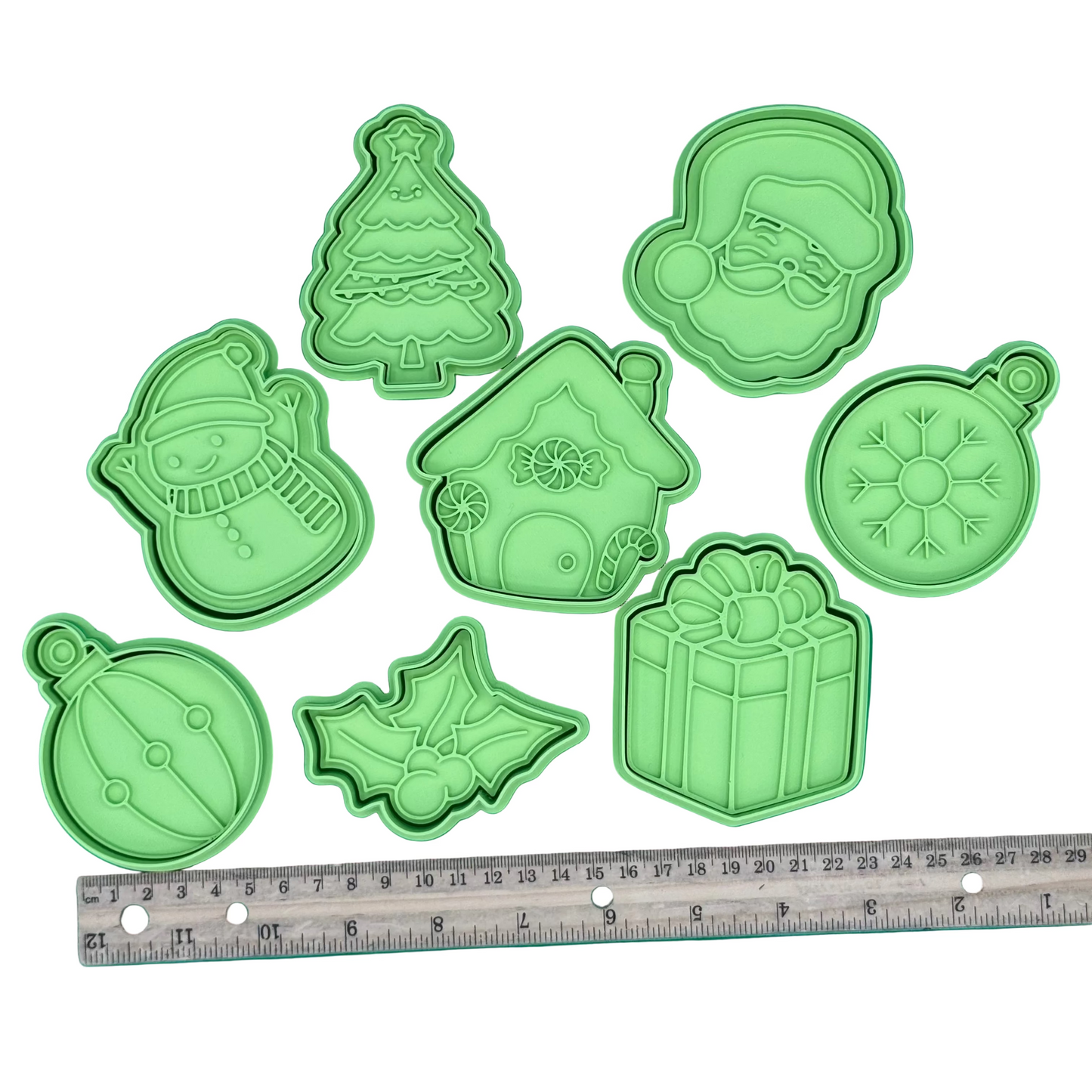 Holiday play dough cutter and press set with Christmas shapes and size reference.