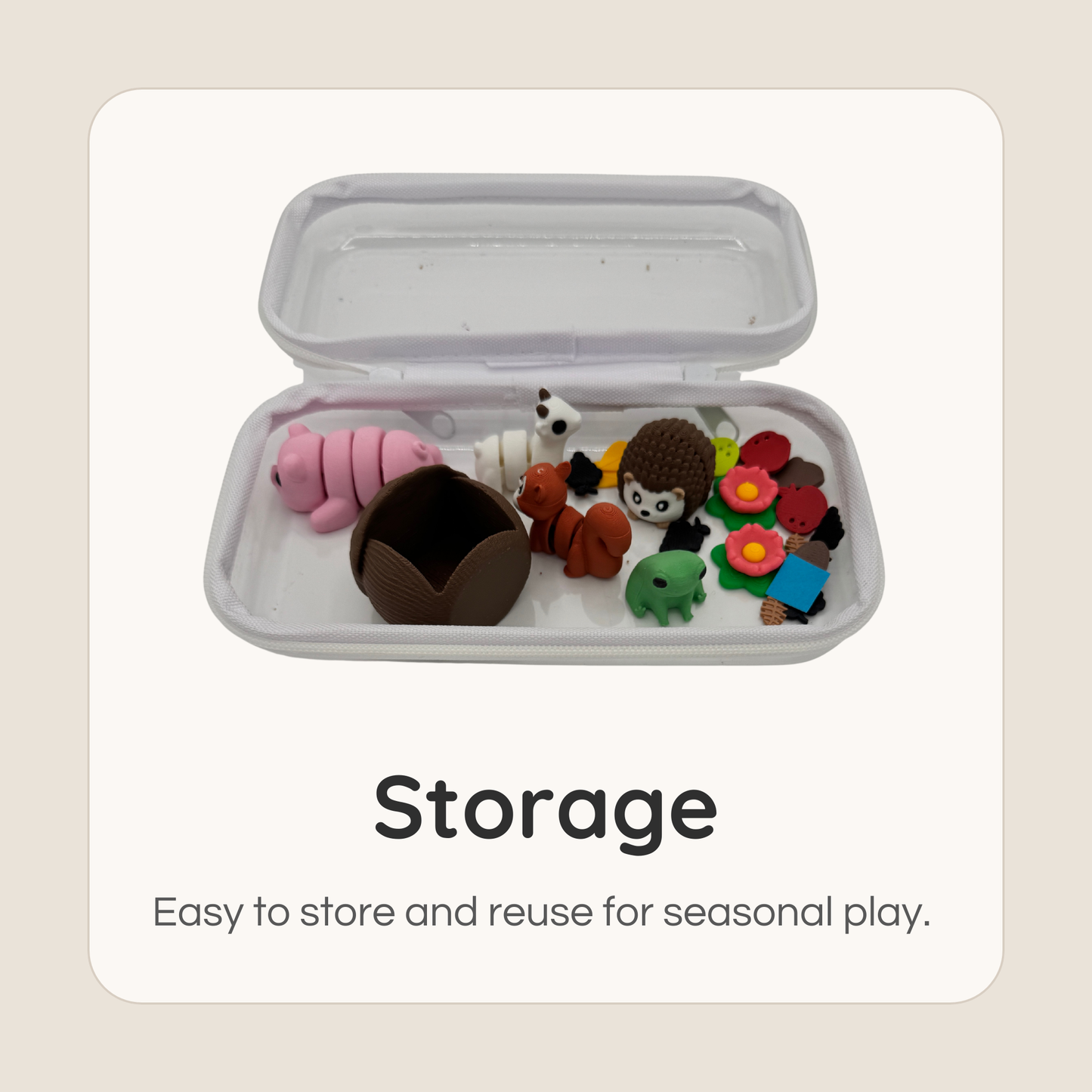 Hedgehog miniature set stored in small container for easy organization and reuse