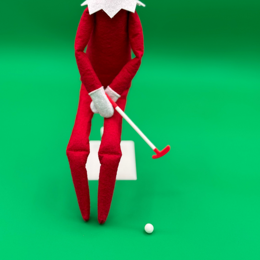 Elf holding miniature golf putter and ball