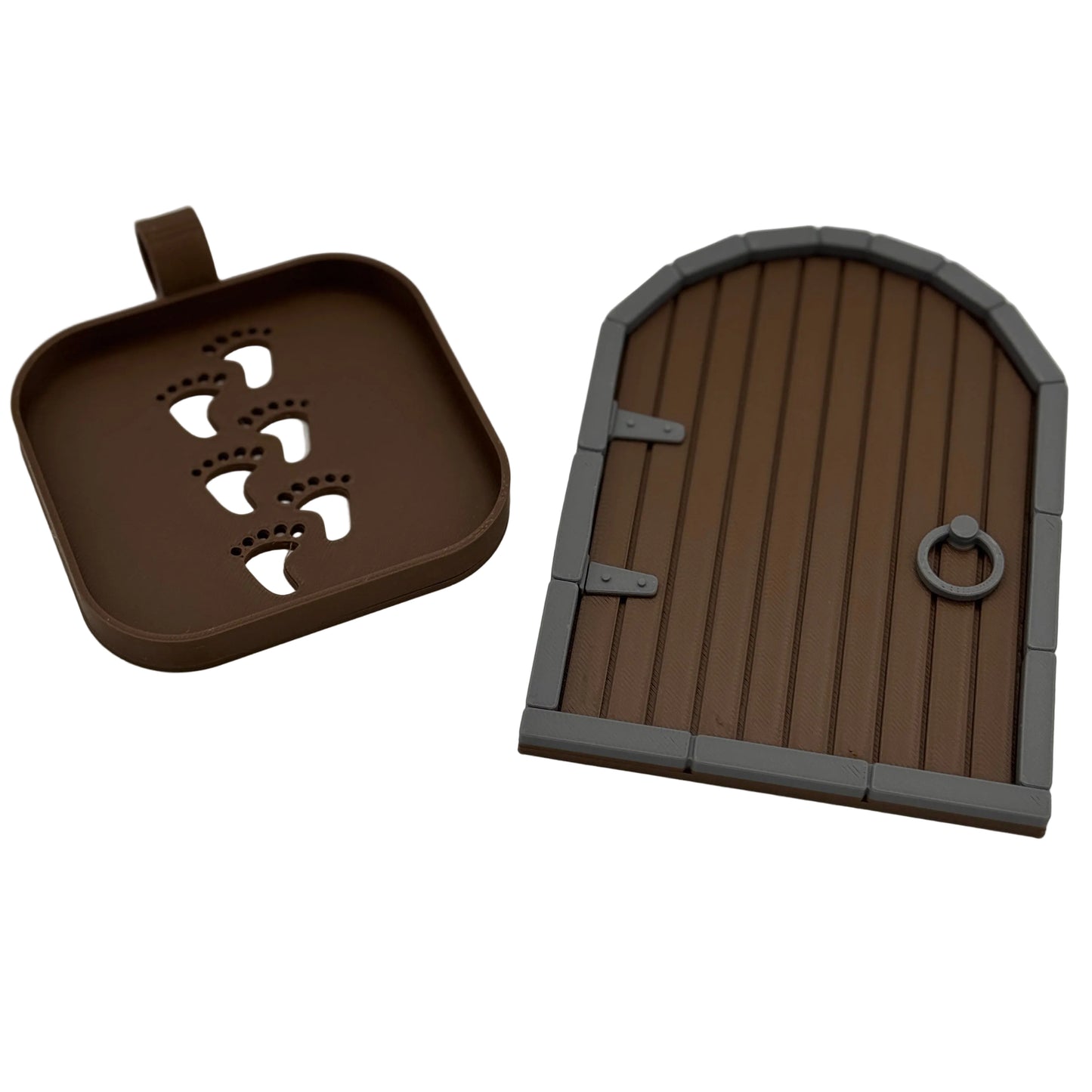 Rustic brown elf door with flour footprints stencil made using matching 3D printed stencil