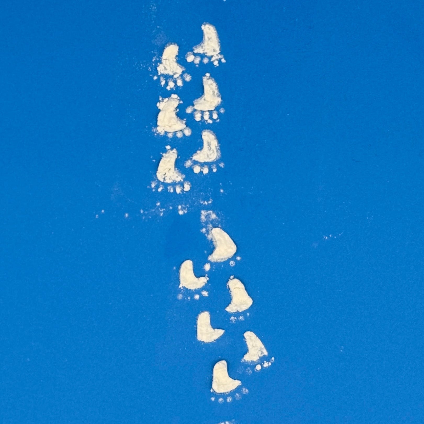 Elf footprint trail made using 3D printed stencil with flour for holiday magic display