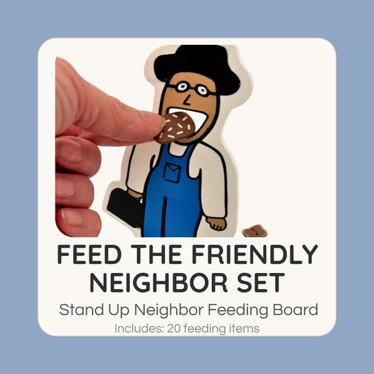 Feed the Friendly Neighbor feeding game with hand placing food piece into character mouth for fine motor play