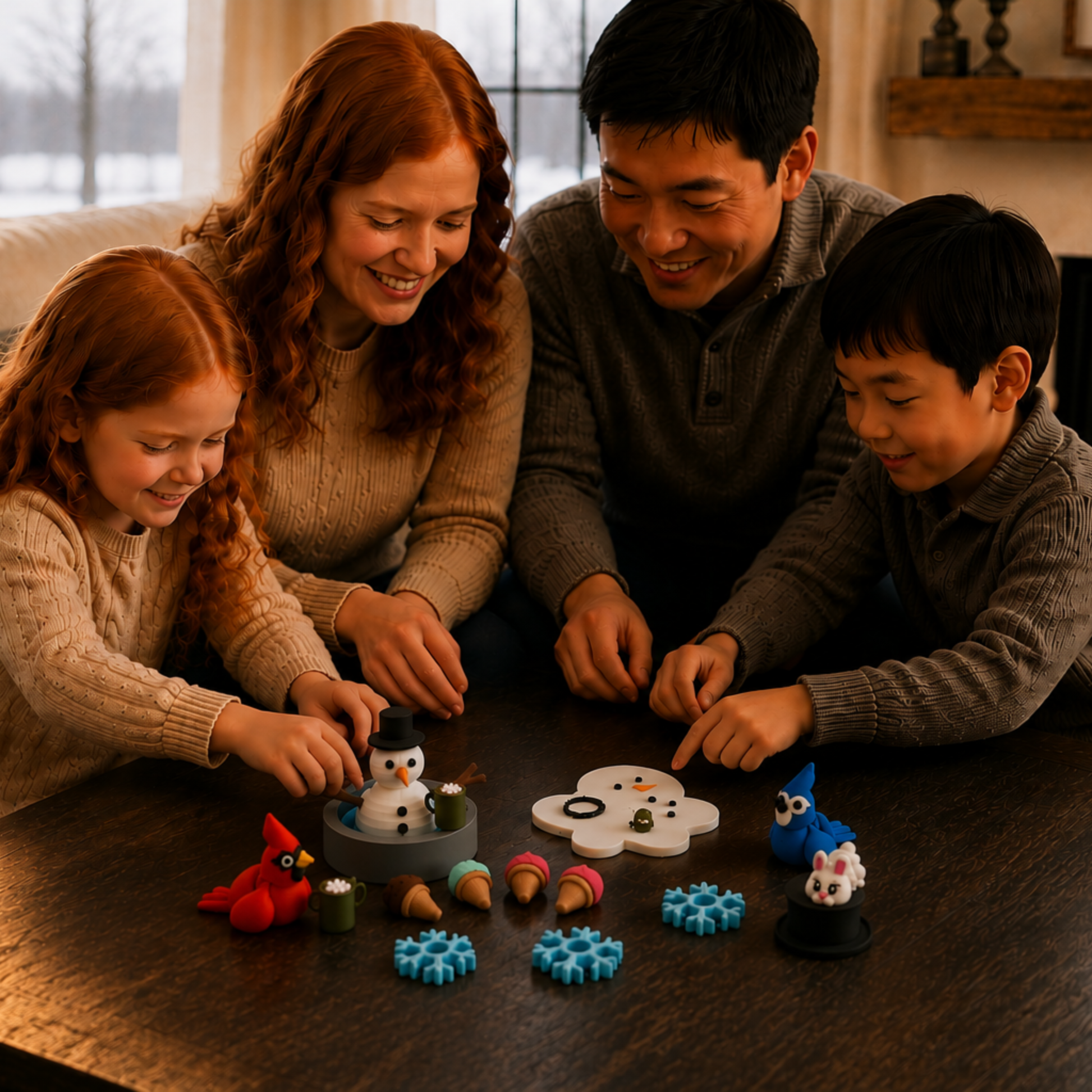 Family playing together with a winter snowman sensory play set featuring miniature snowman, birds, bunny, and accessories for storytelling, speech therapy, homeschool, and open-ended learning.