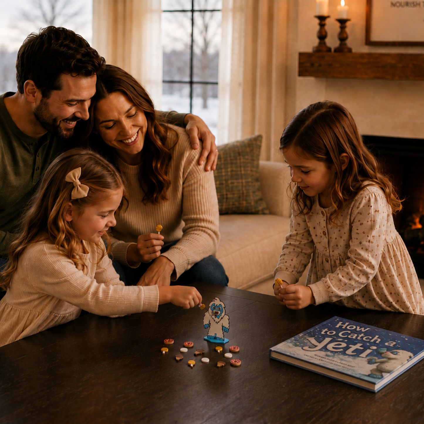 Family playing the Feed the Yeti speech therapy game together during winter themed learning and storytelling