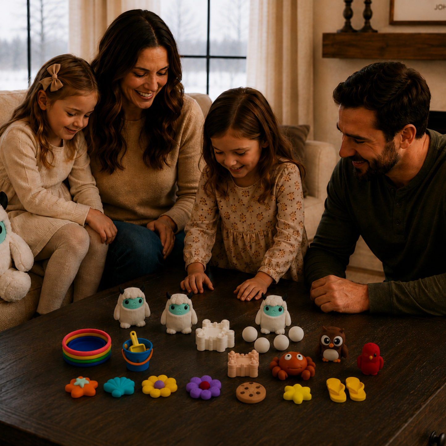 Family using the Yeti & Friends sensory play set during interactive storytelling with miniature yetis, beach accessories, and small world characters to build language and social skills.