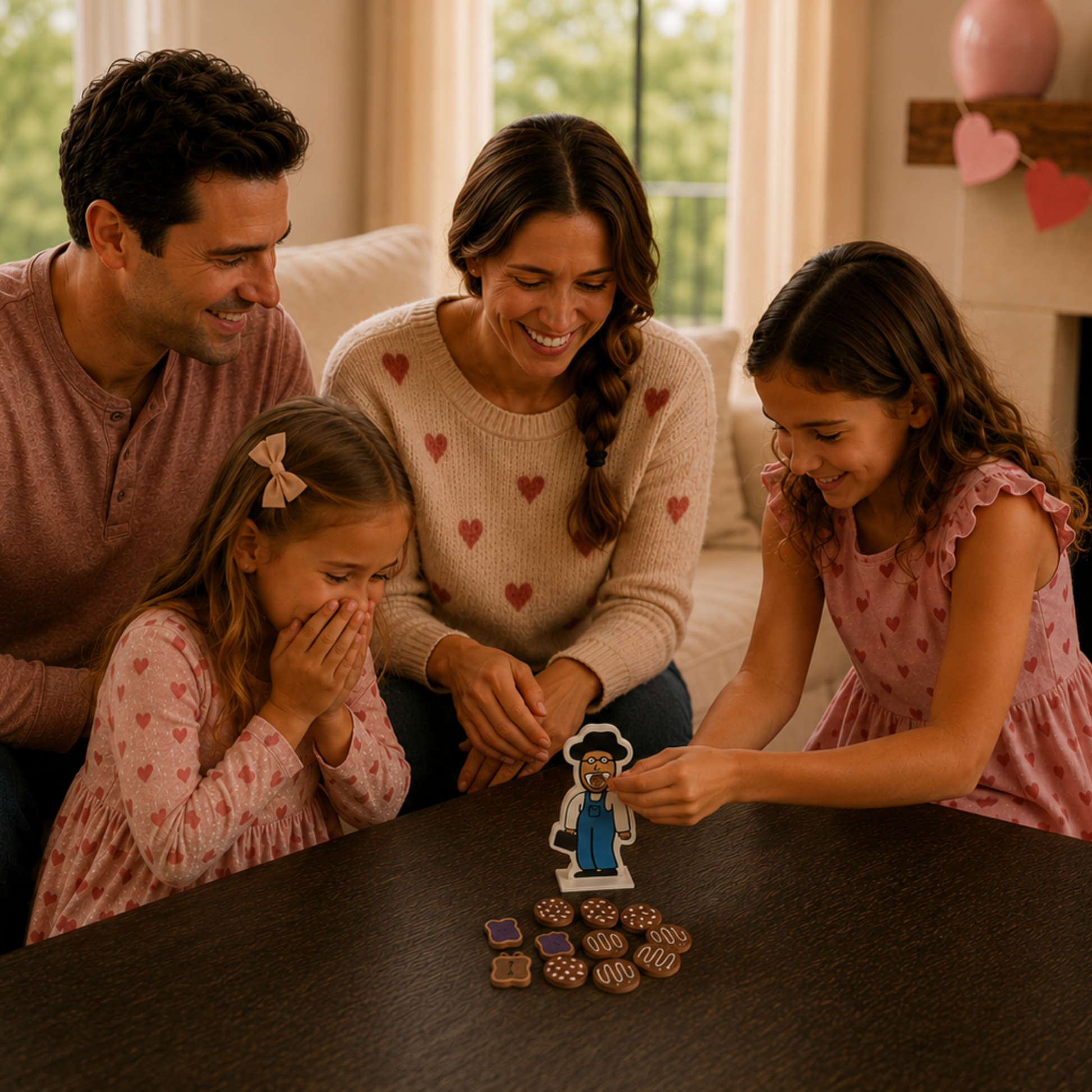 Family using the Feed the Friendly Neighbor Valentine's speech therapy game together for language learning, storytelling and pretend play