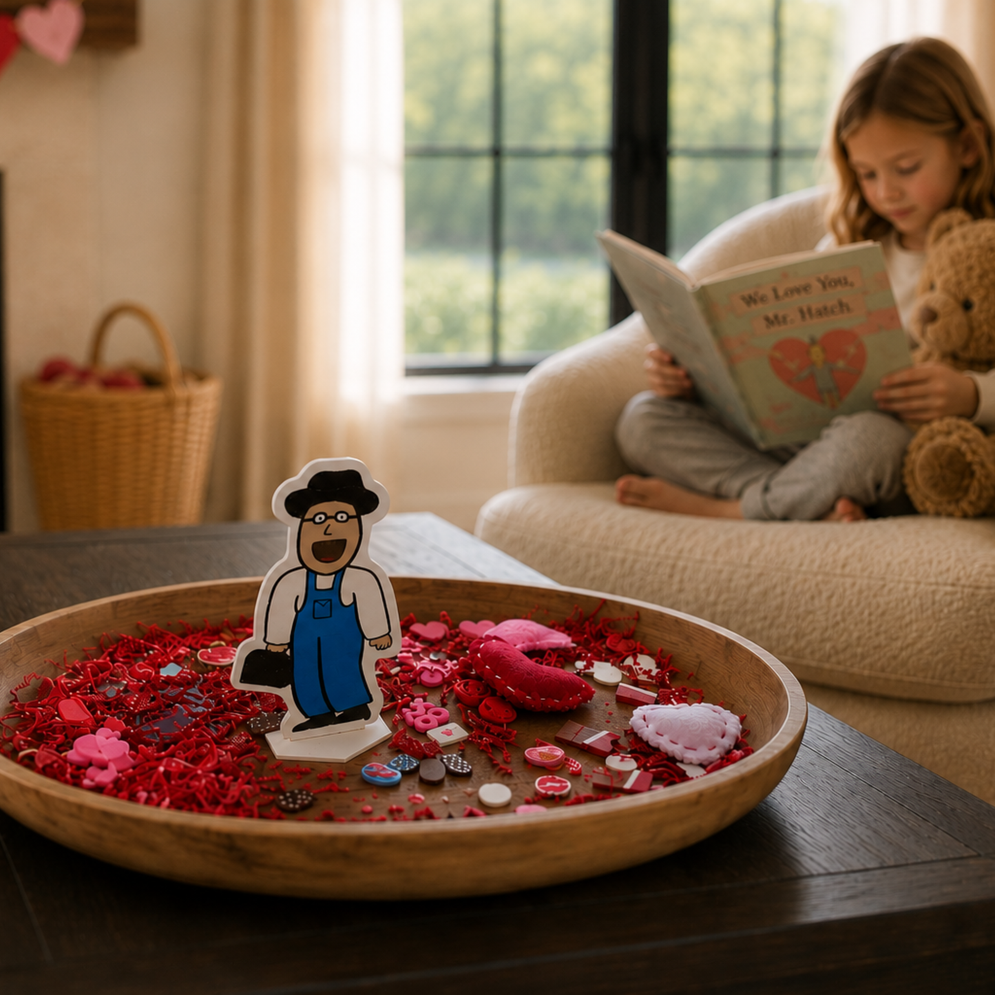 Child reading Somebody Loves You Mr. Hatch while exploring the Feed the Friendly Neighbor speech therapy game and Valentine literacy activity