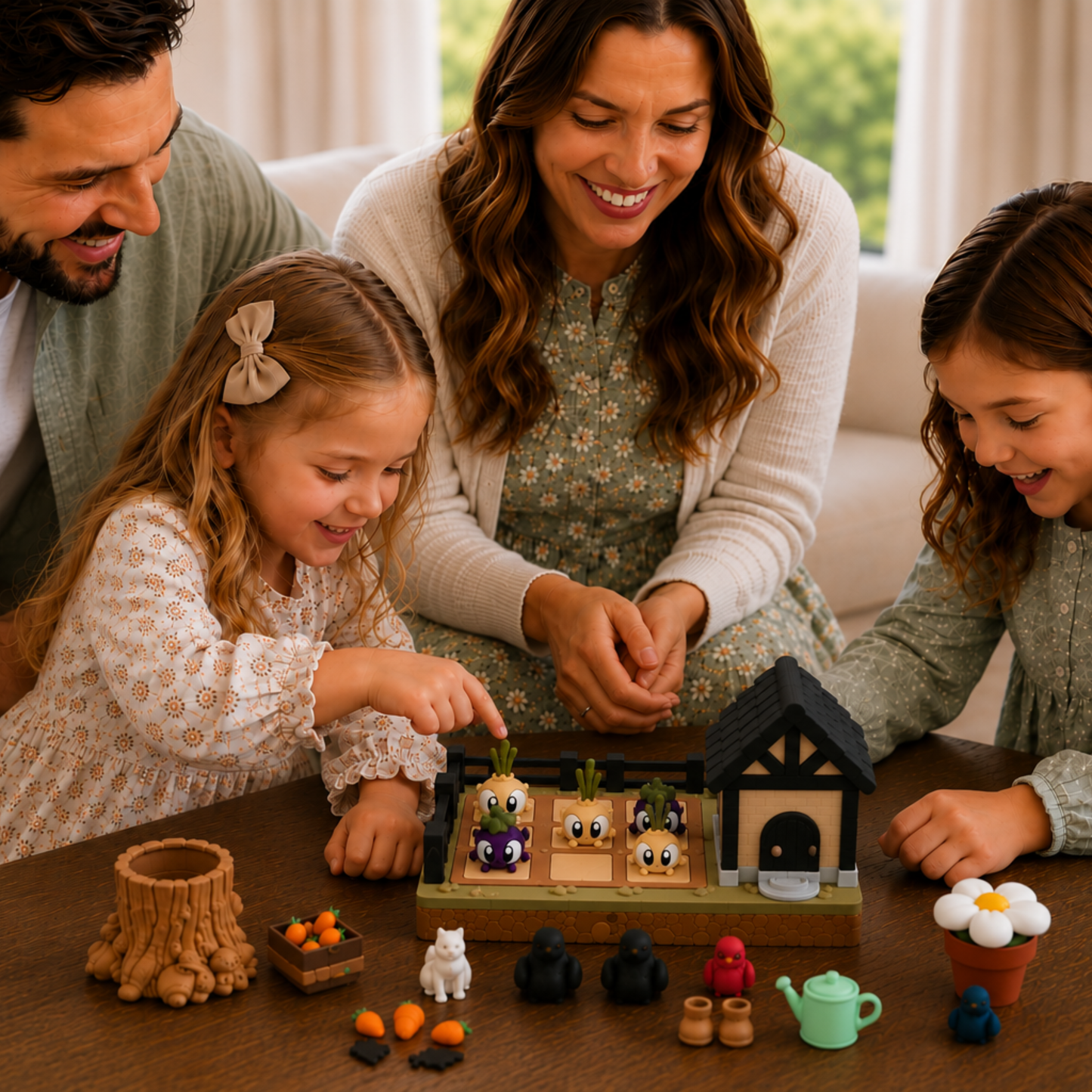 Family playing together with a woodland rabbit miniature play set that encourages storytelling, pretend play, speech development and quality family learning time.