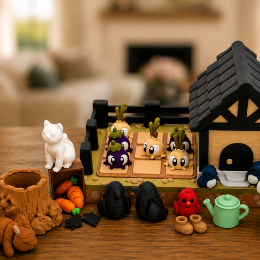 Woodland rabbit sensory play set with miniature garden, garden shed, vegetables and animals for story retelling, imaginative play, speech therapy, homeschool and preschool learning.