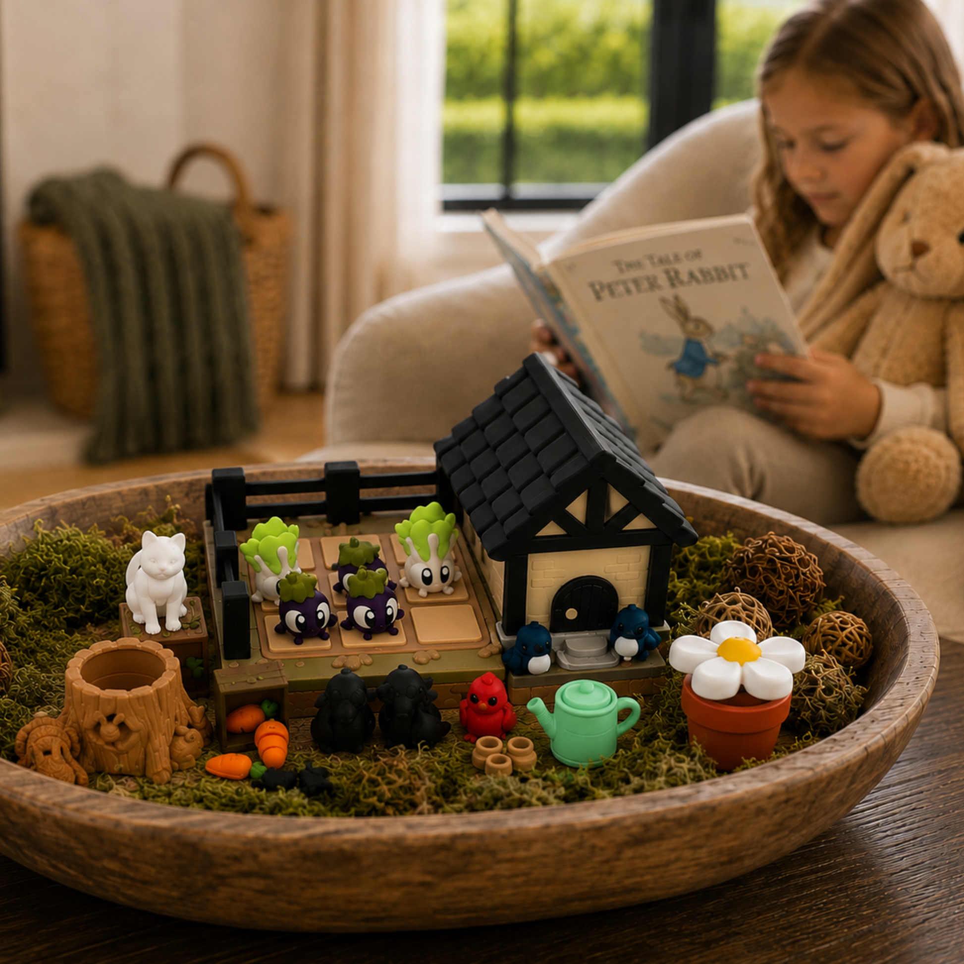 Child reading Peter Rabbit while exploring a miniature rabbit garden sensory play set that encourages story retelling, imaginative play and language development.