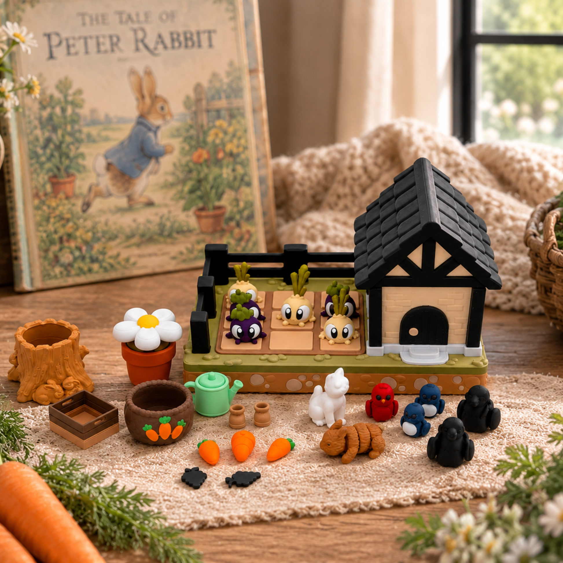 A children's vegetable garden playset arranged on a woven rug beside a book of Peter Rabbit. The set includes a small house with a black roof, fenced vegetable patches with cartoon-faced plants, carrots, onions, eggplant, flowers, pots, a watering can, and other garden accessories on a wooden table.