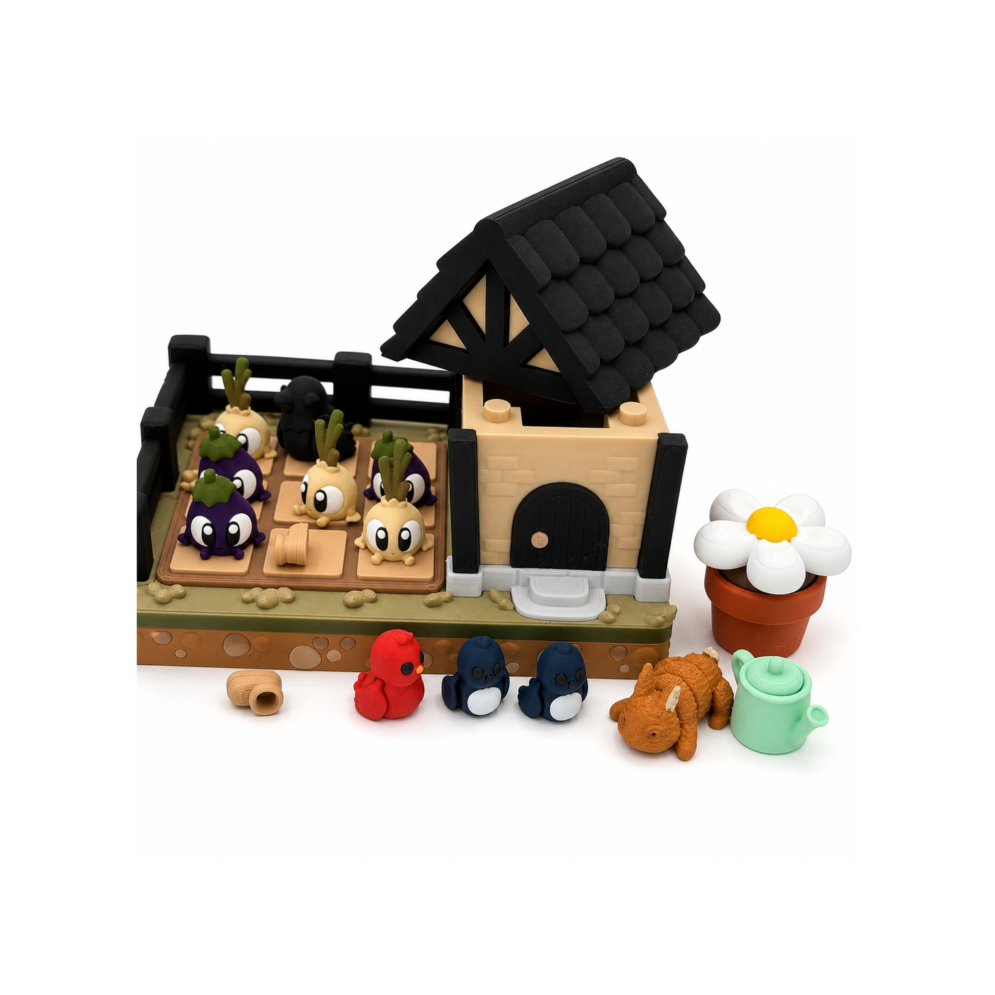 Close-up of the BriteBerry rabbit garden miniature featuring detailed 3D printed tic tac toe game board, garden shed, vegetables, woodland animals and sensory play pieces.