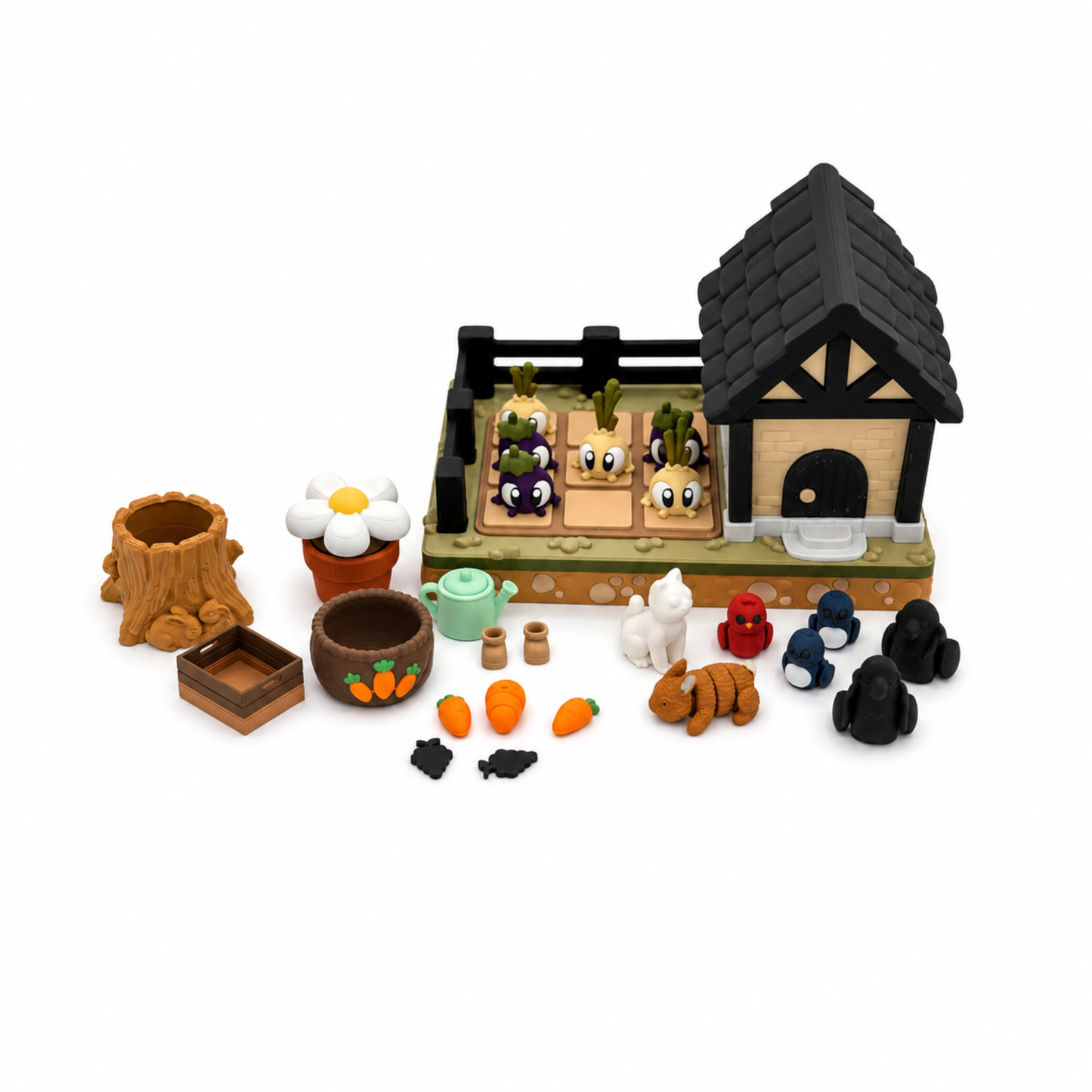 Everything included in the BriteBerry rabbit garden sensory play set including garden shed, tic tac toe garden, rabbit, cat, birds, vegetables, flower pot clicker, watering can, boots and woodland accessories.