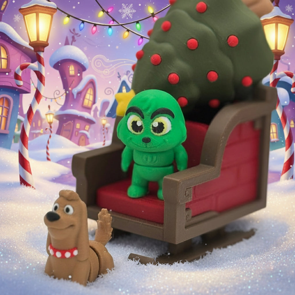 Pictured - Grinch, dog, sleigh, and container tree
