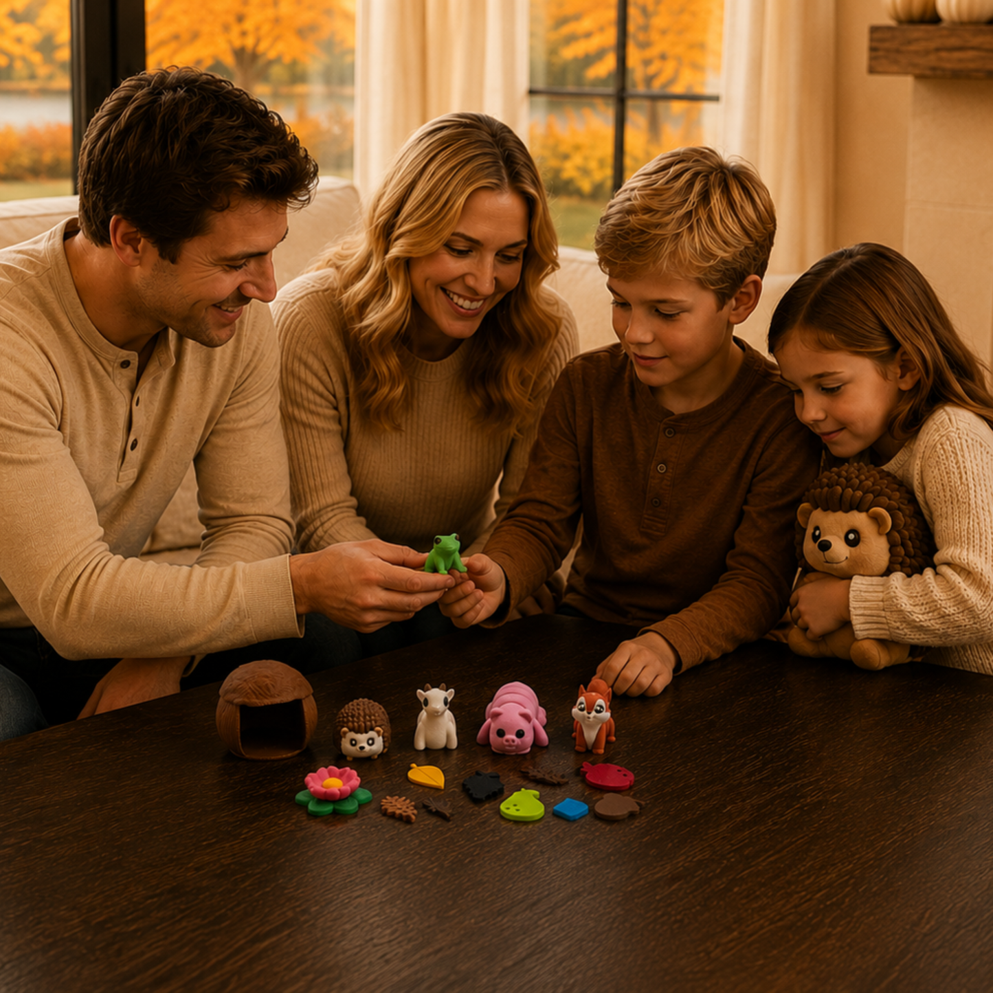 Family using the Hedgehog and Friends woodland play set together for imaginative play, language development, and shared storytelling