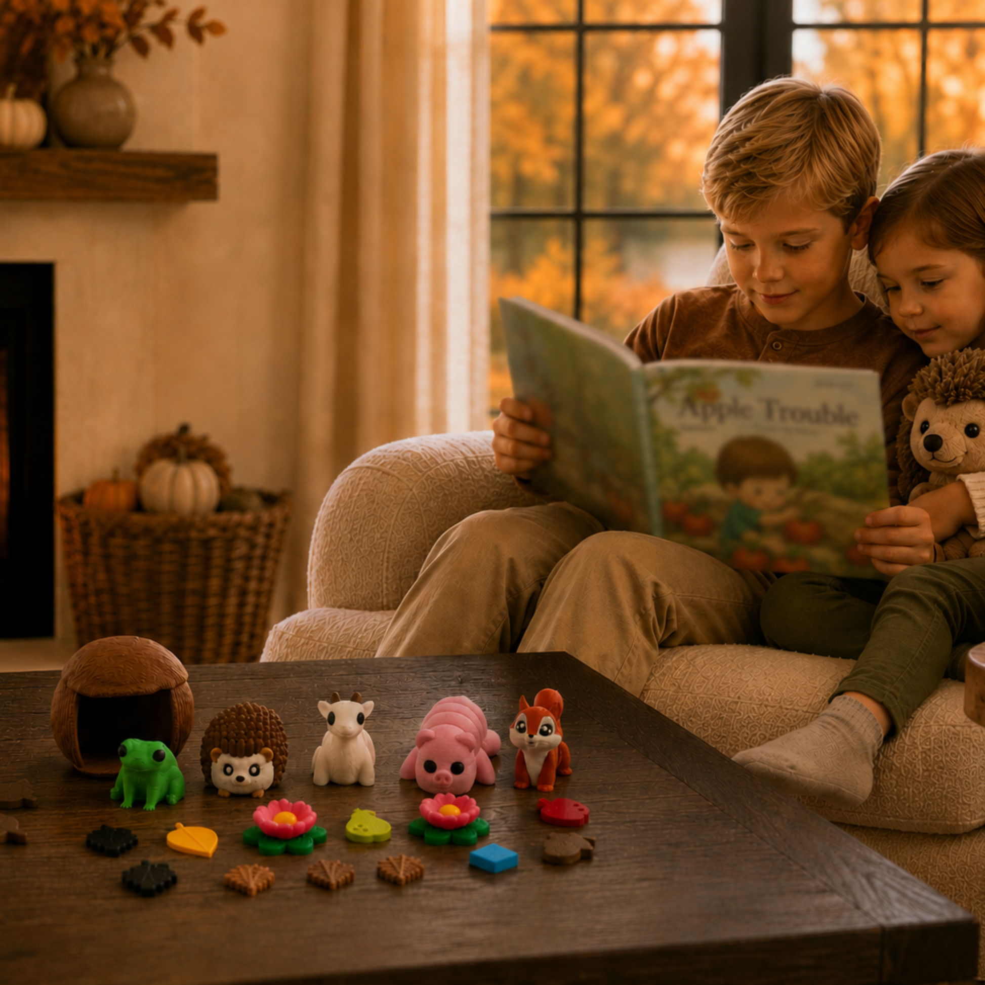 Children reading a woodland story with the Hedgehog and Friends miniature set for interactive reading and story comprehension.