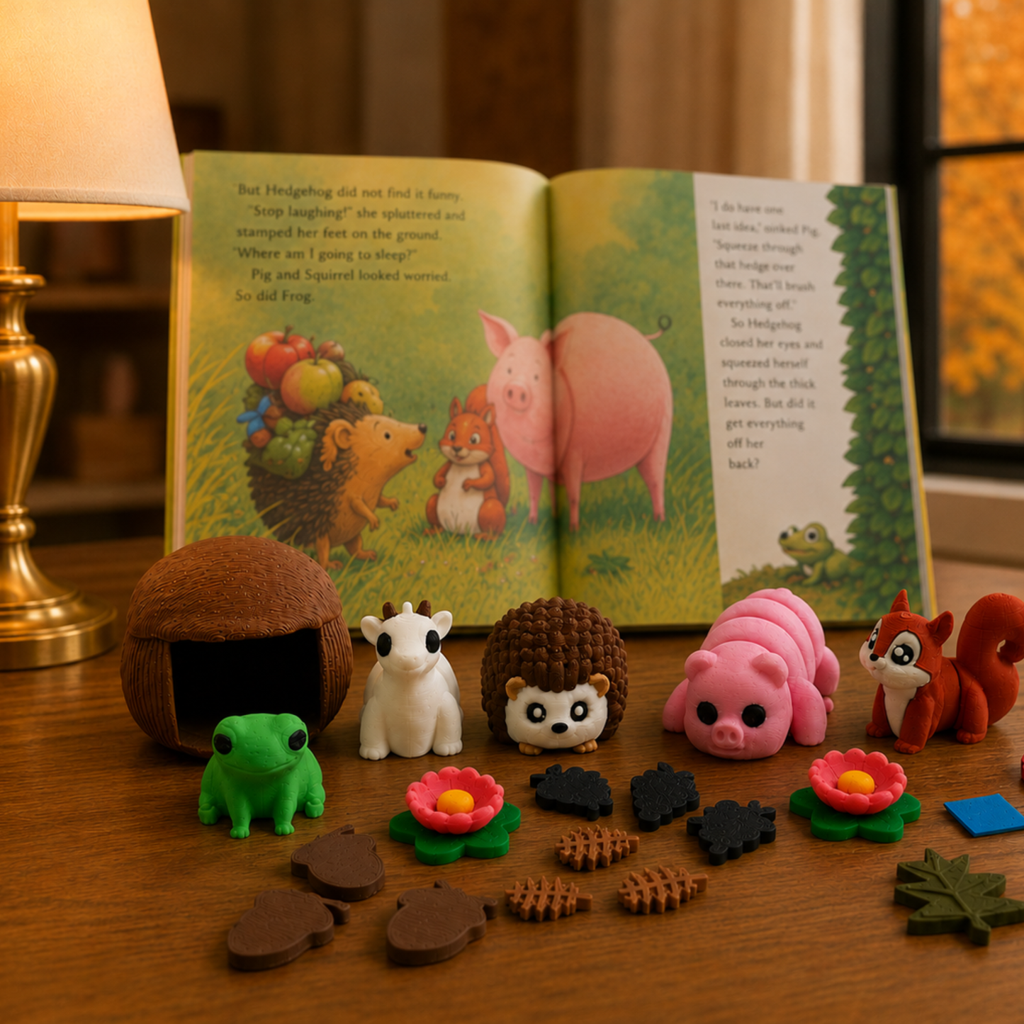 Hedgehog and Friends woodland character set arranged with a children’s storybook for hands-on story retelling and language learning.