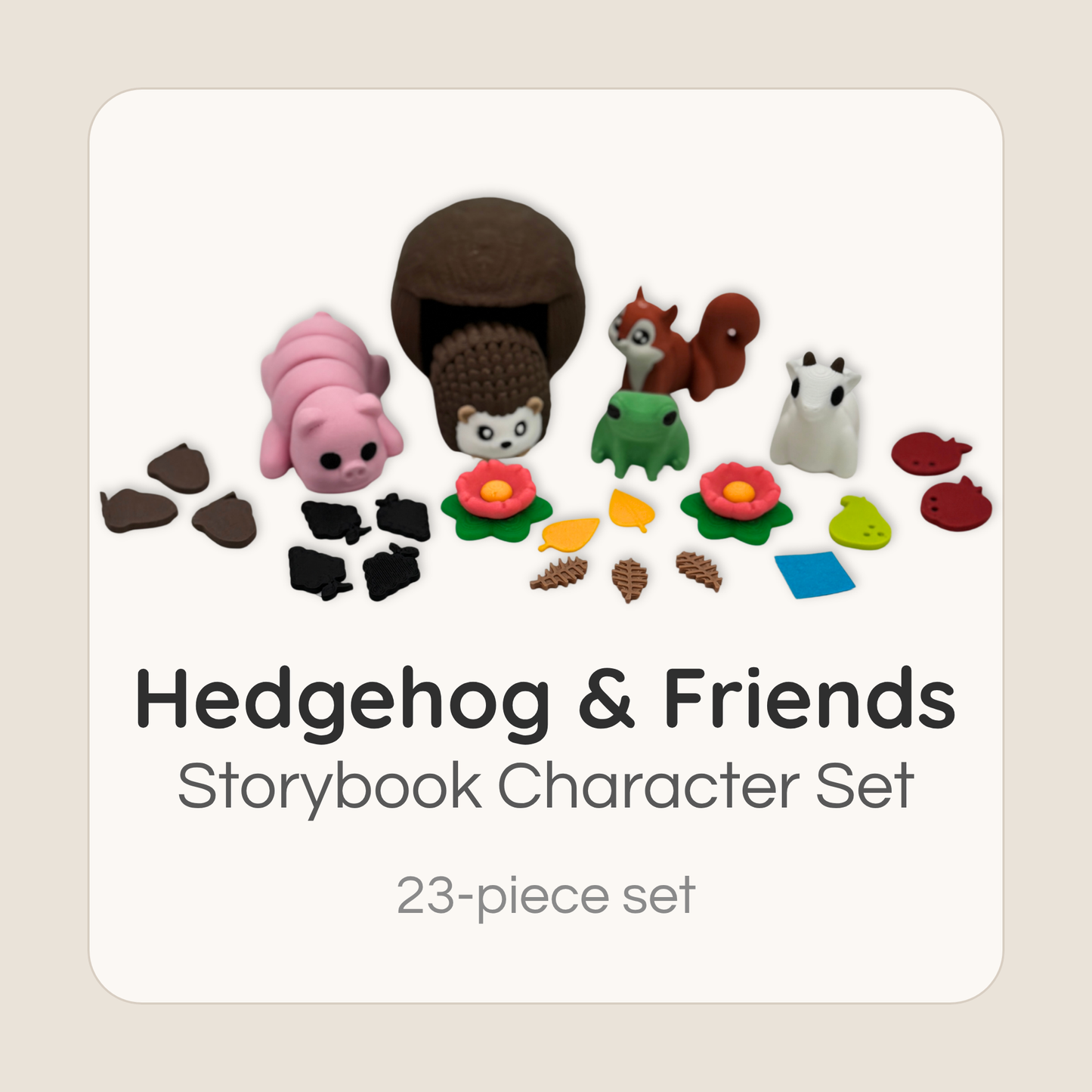 Hedgehog and Friends storybook character set with miniature animals and accessories, 23-piece set