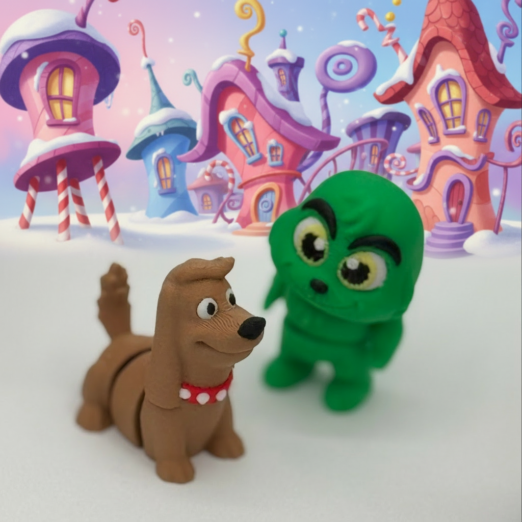 Grinch & Max Inspired Mini Set – Christmas 3D-Printed Play Scene