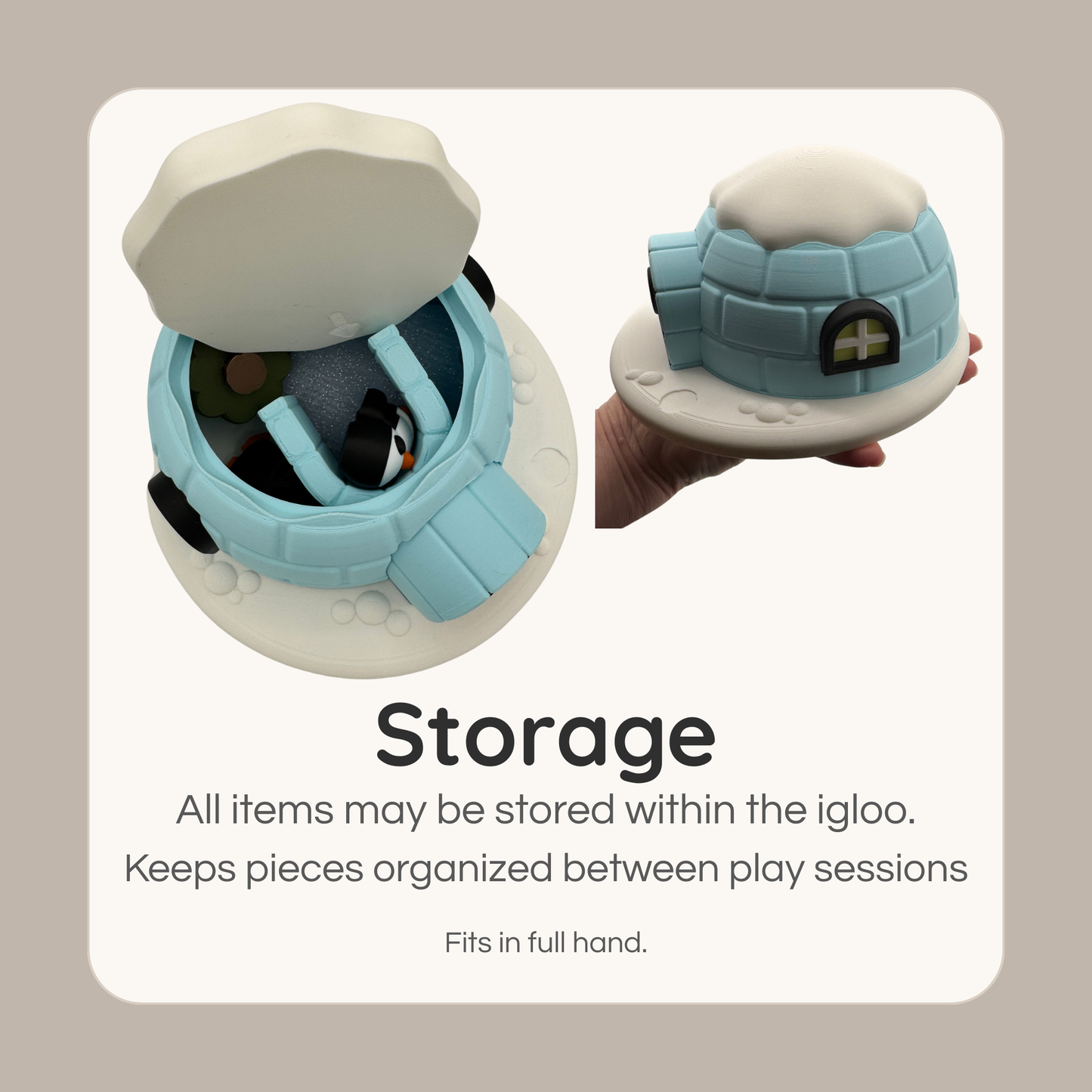 Penguin igloo play set with removable top showing storage inside the igloo