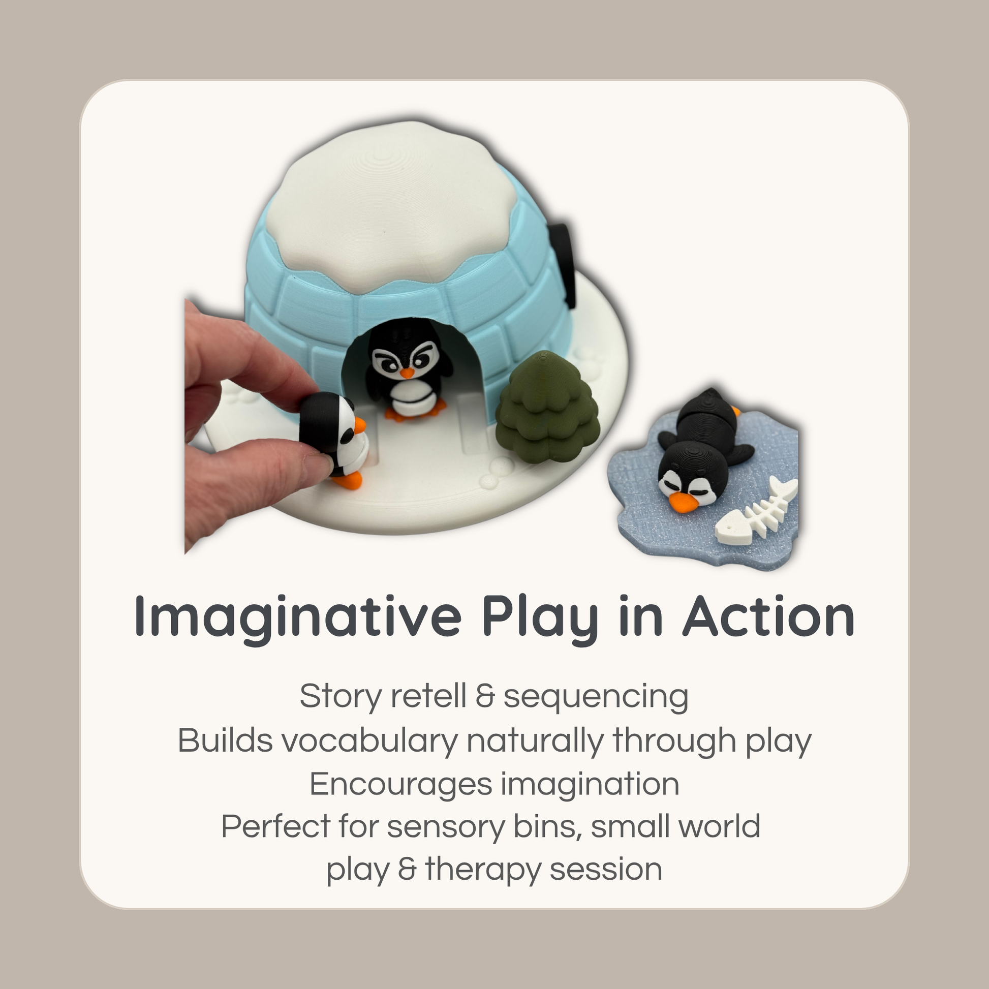 Child interacting with penguin igloo play set demonstrating imaginative play and storytelling activities