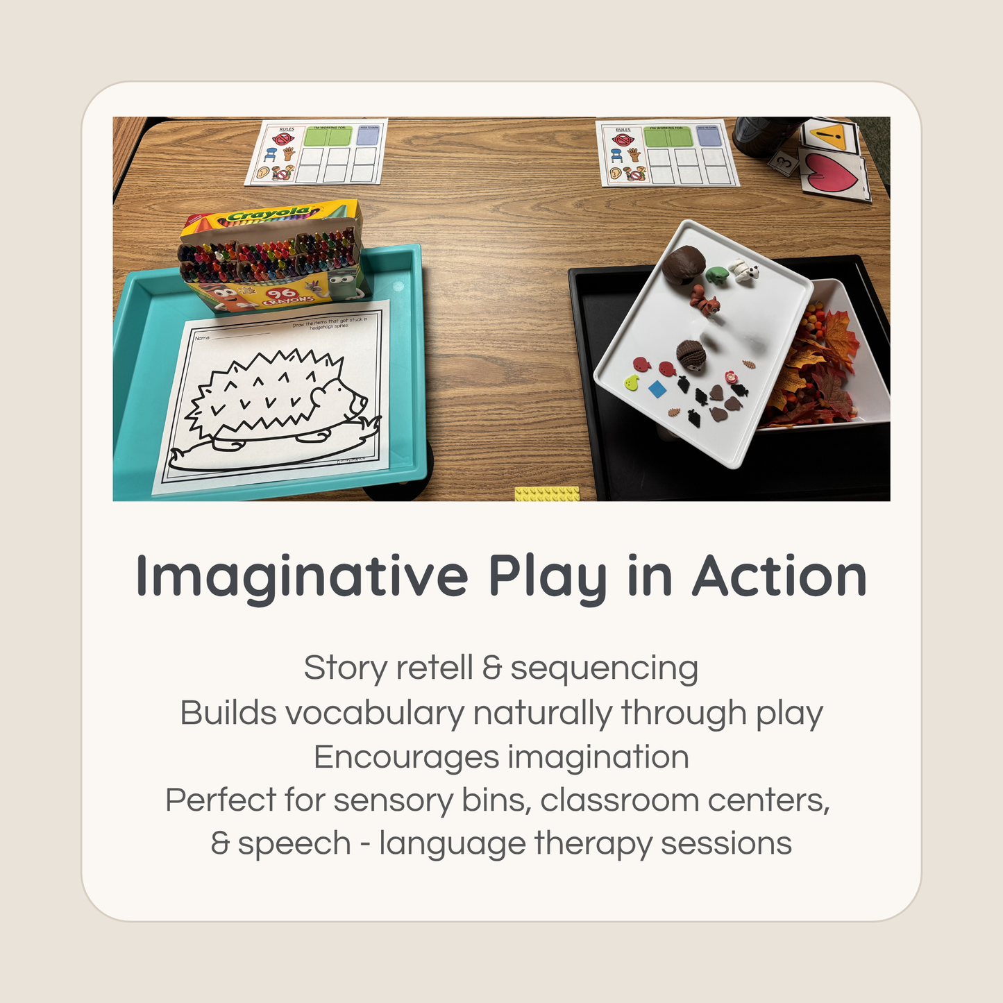 Hedgehog sensory bin activity with story retell and sequencing using miniature figures for speech therapy and classroom play