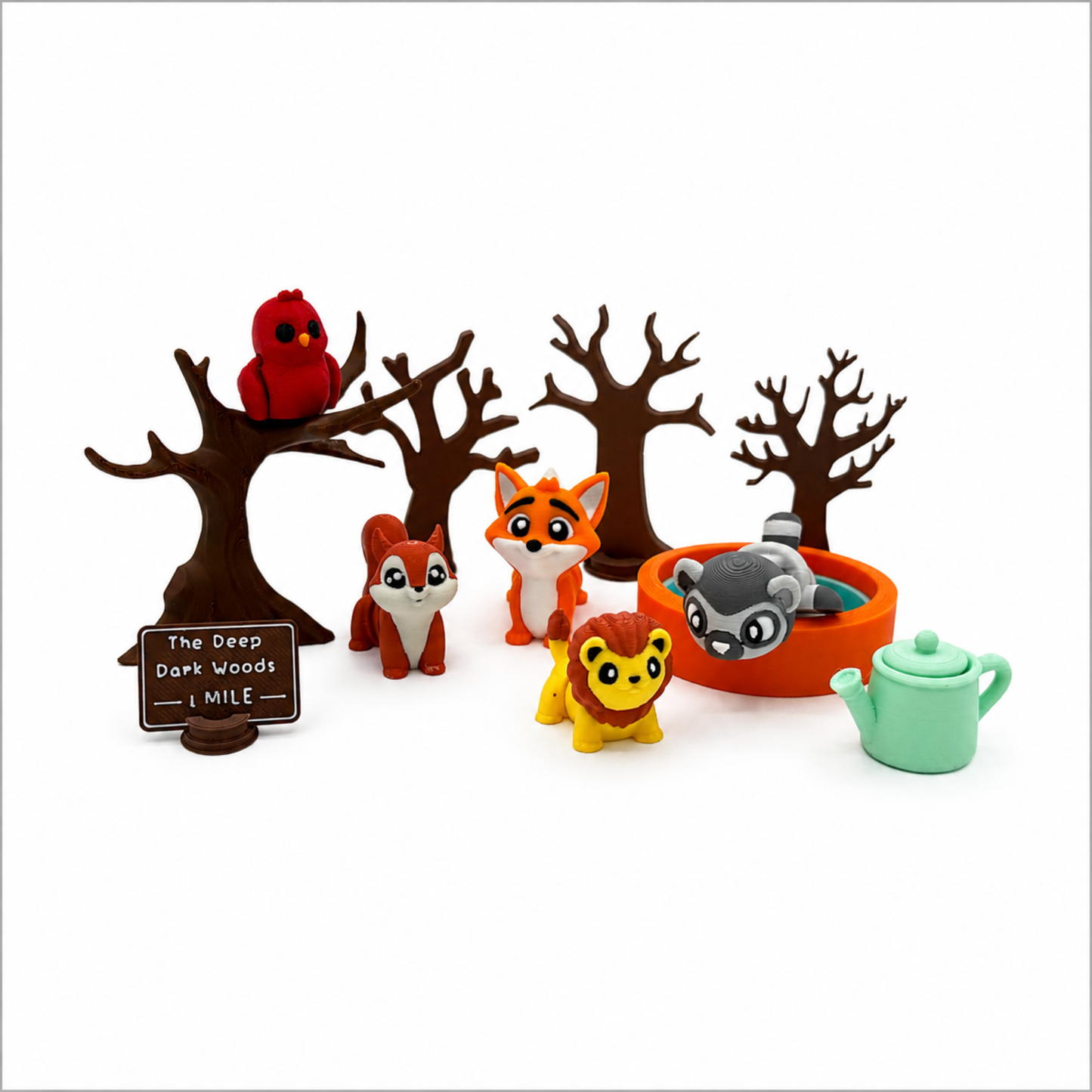Close-up of the woodland animal storybook play set highlighting handcrafted miniature animals, trees and detailed forest accessories