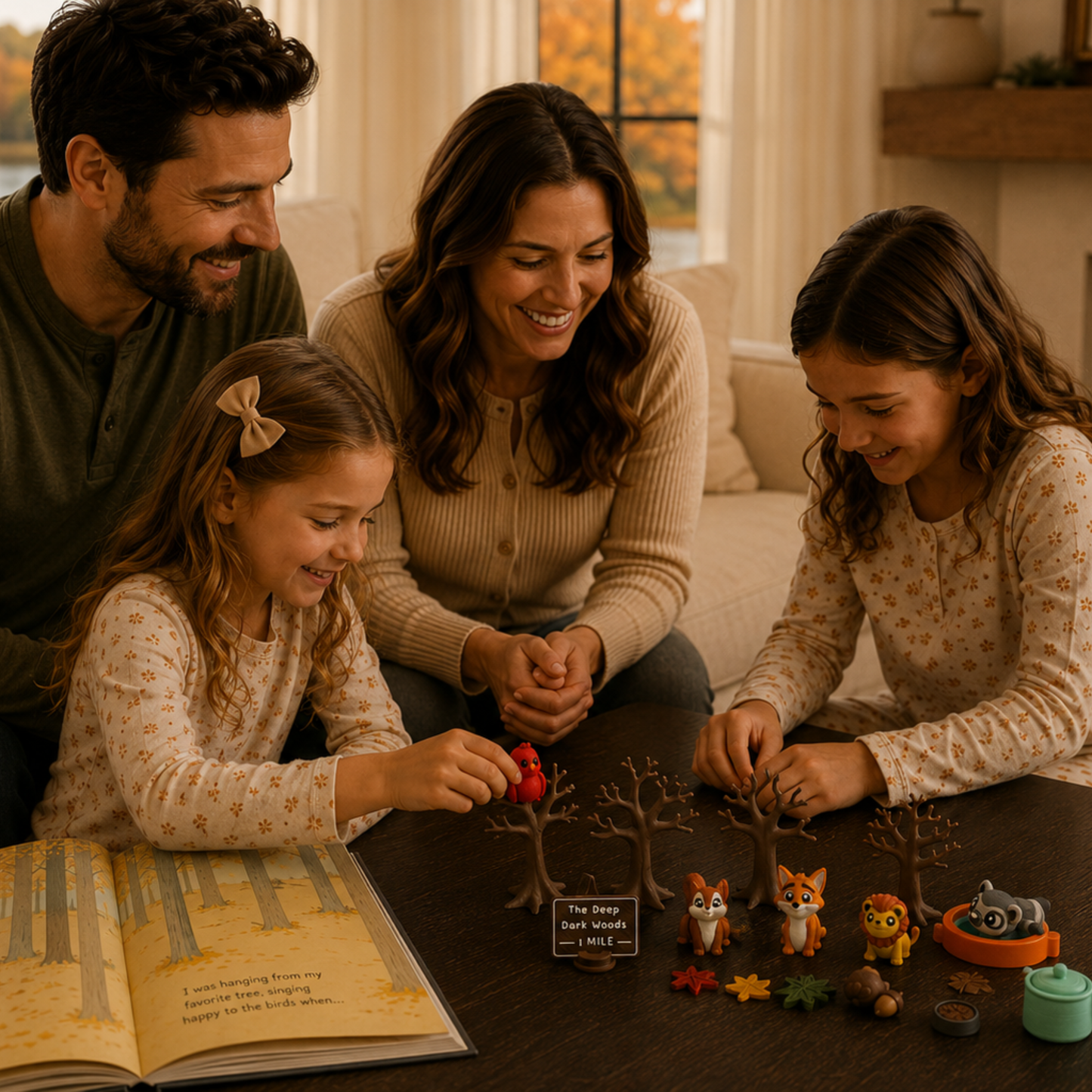 Family using the woodland animal storybook play set together for storytelling, pretend play, speech therapy and language learning