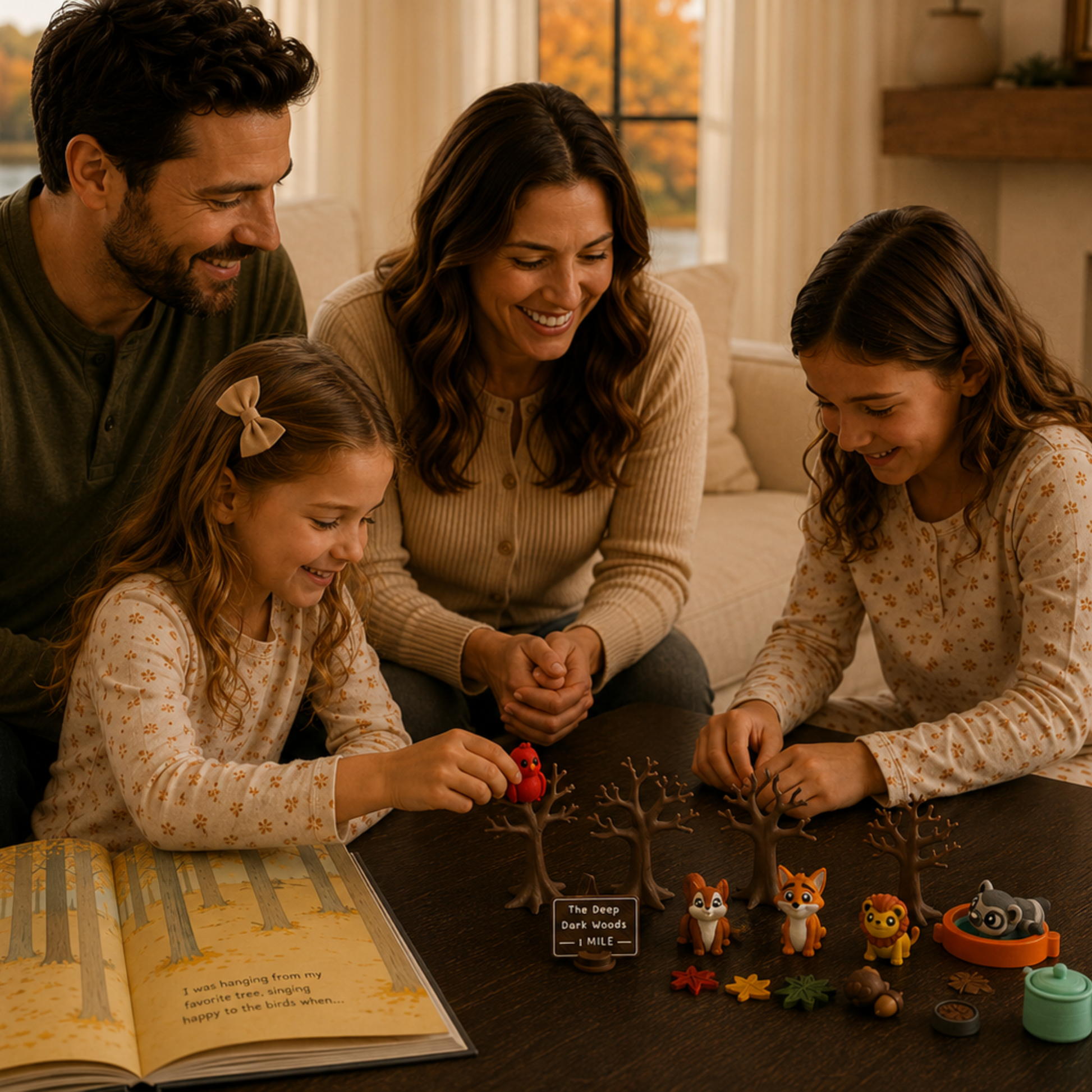 Family using the woodland animal storybook play set together for storytelling, pretend play, speech therapy and language learning