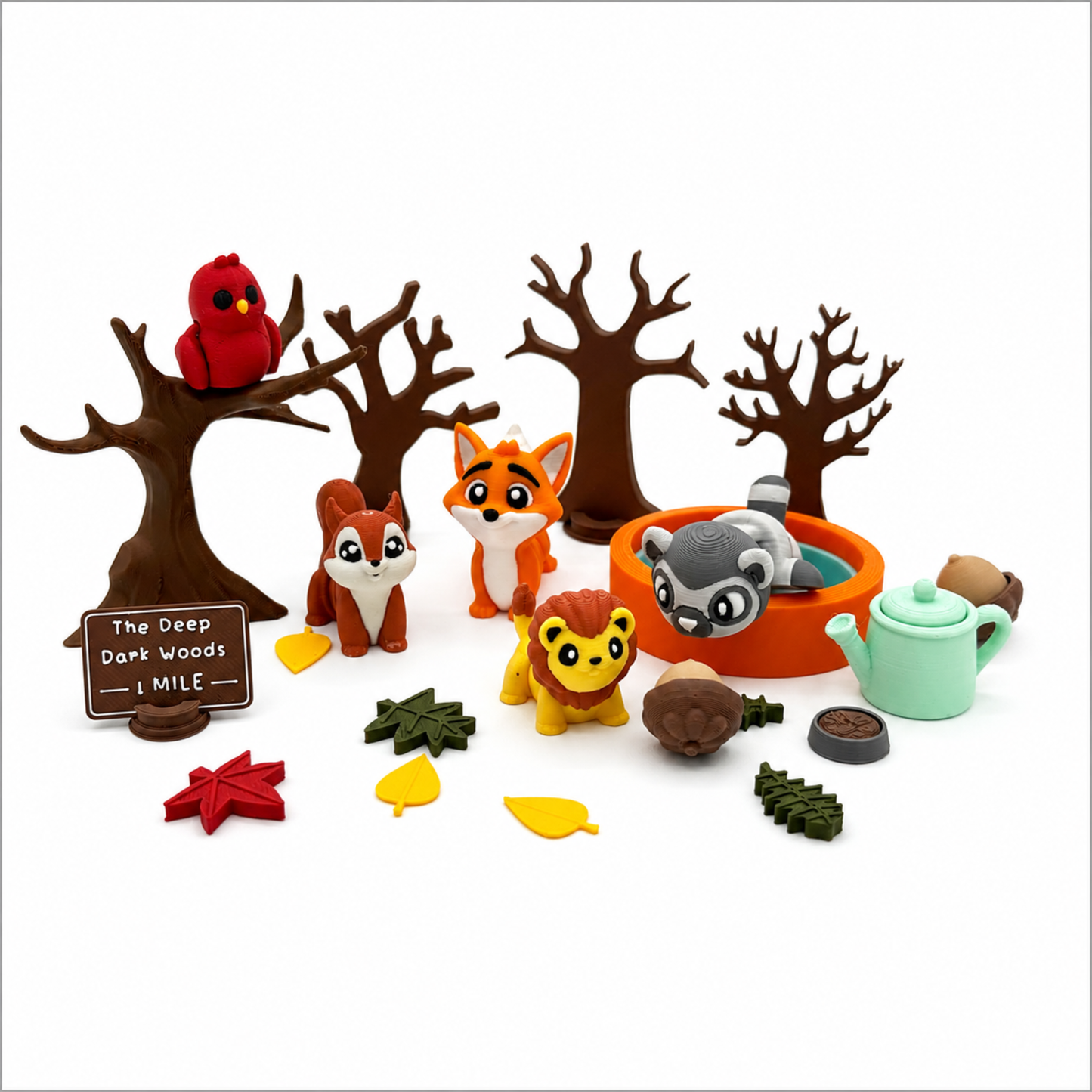 Woodland animal storybook play set including fox, squirrel, lion, lemur, trees, pool, watering can and forest accessories on a white background