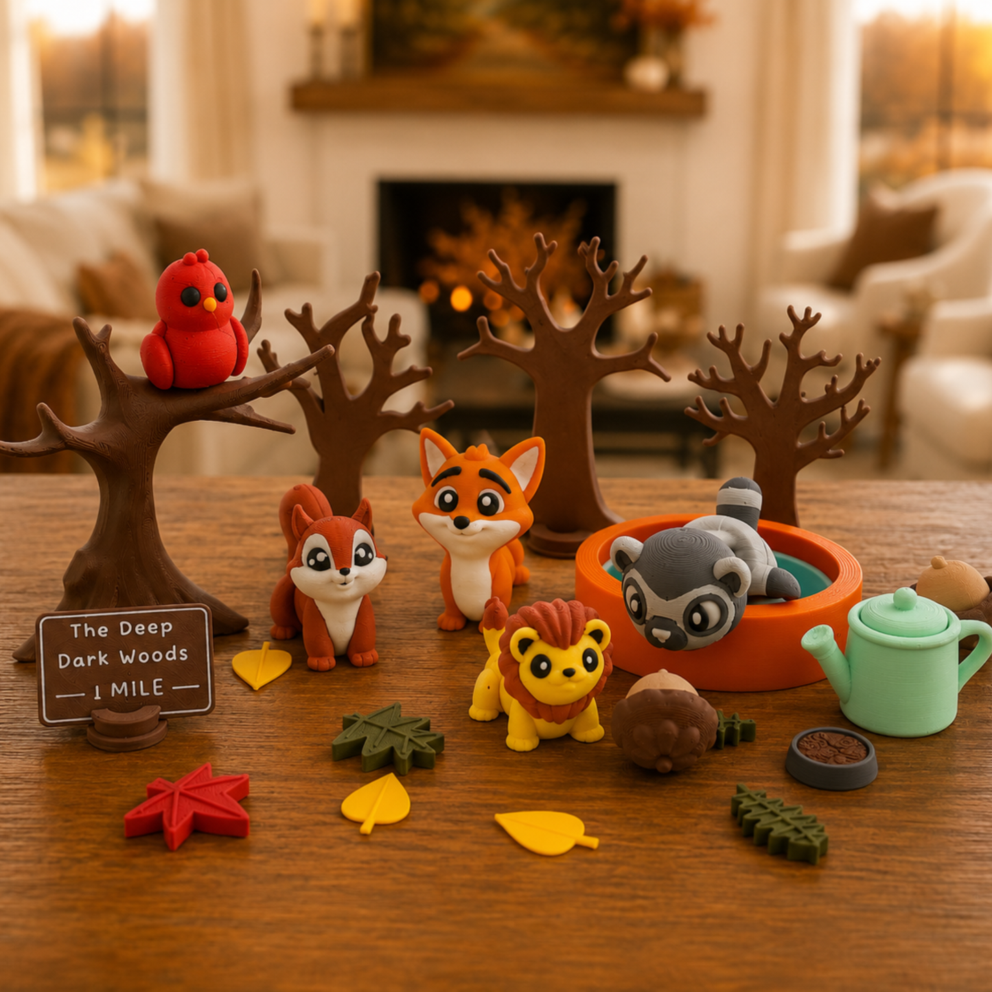 Woodland animal storybook play set on a cozy table with miniature forest animals, sensory play pieces and pretend play accessories for preschool language development
