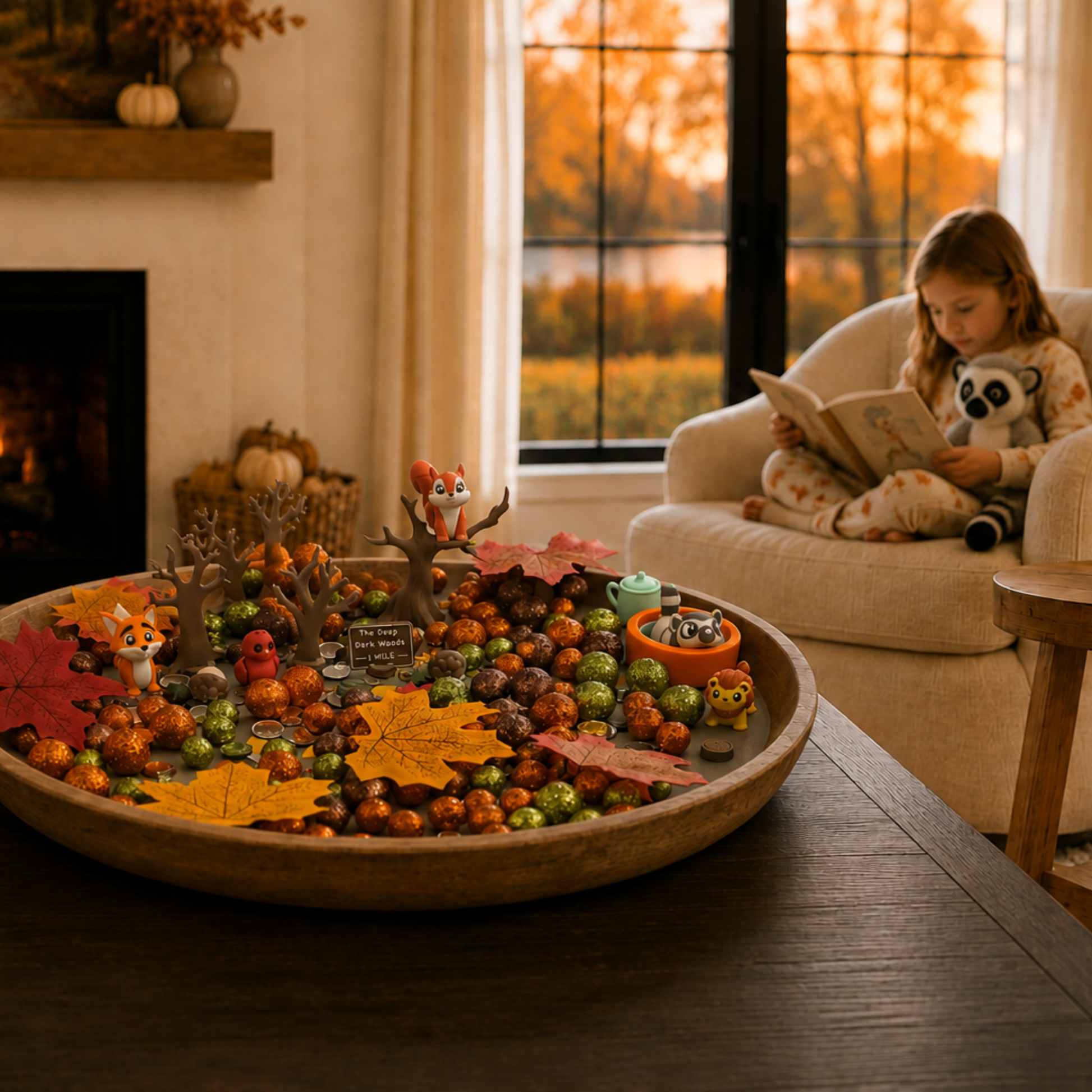 Child reading A Tale of Two Beasts while exploring the woodland animal storybook play set for language development and imaginative storytelling