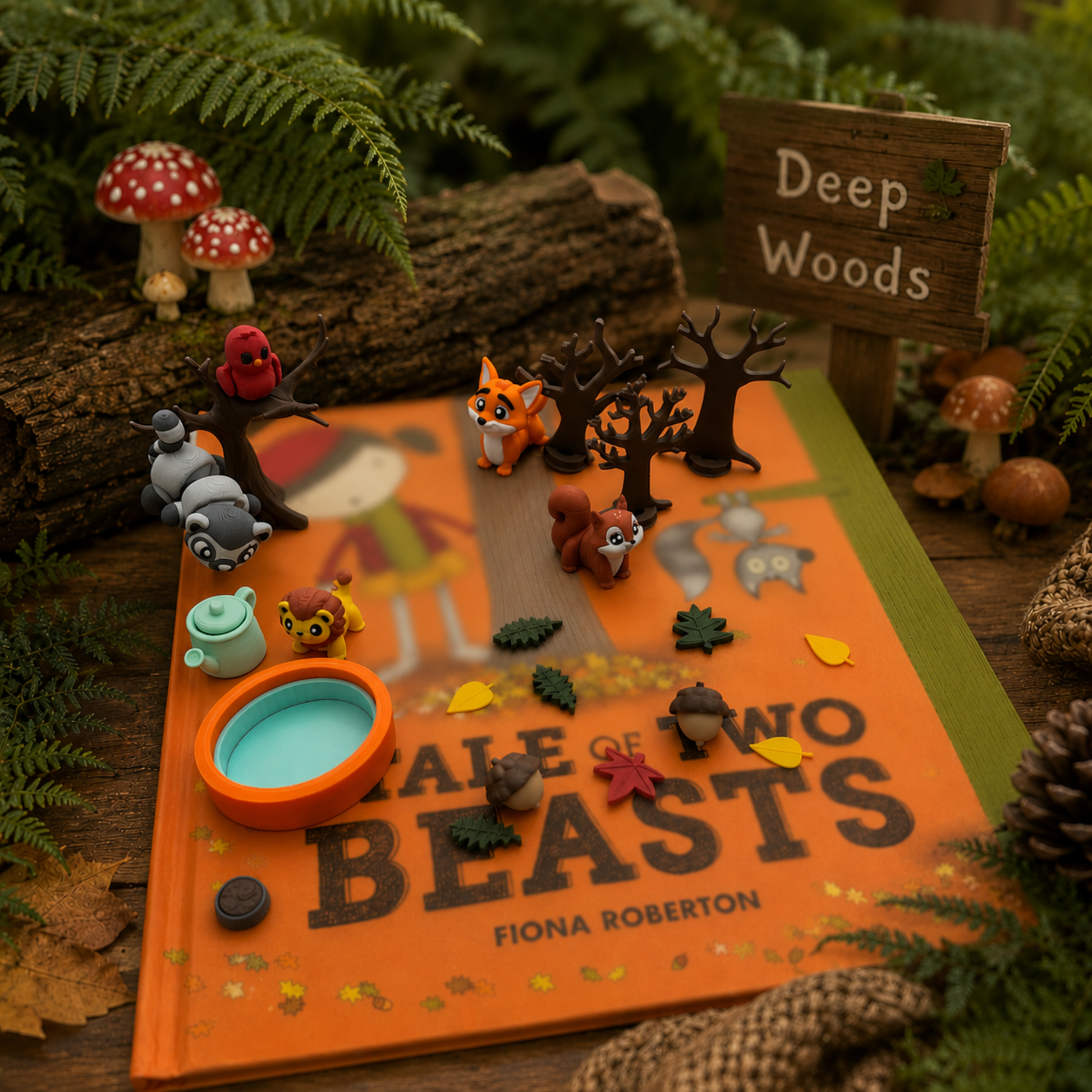 Woodland animal play set displayed with A Tale of Two Beasts book in a forest-inspired storybook scene for literacy and imaginative play