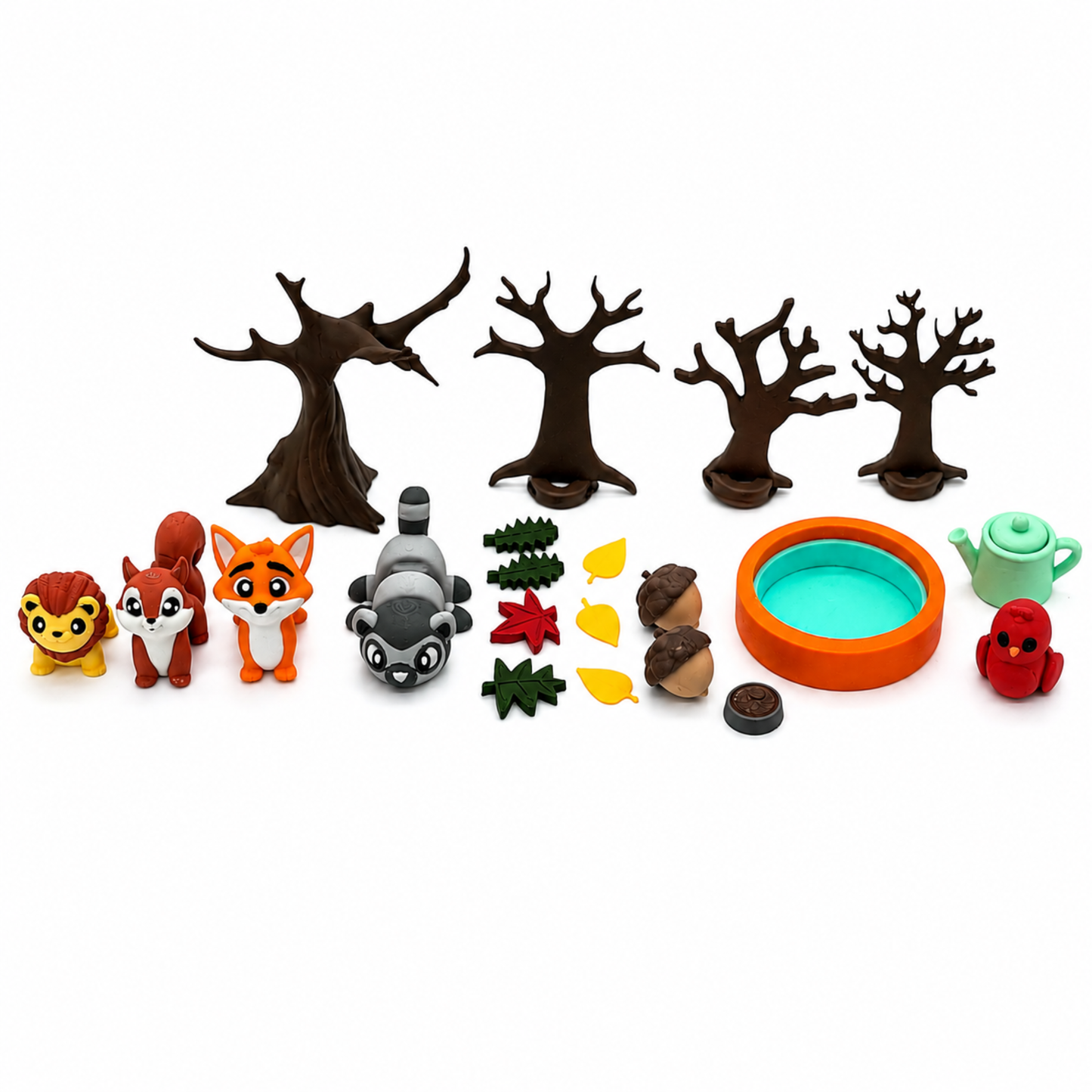 Everything included in the woodland animal storybook play set with miniature forest animals, trees, leaves, watering can, pool and accessories