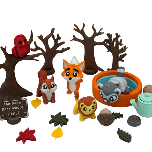 Lemur and woodland friends storybook character set with trees, leaves, and accessories for fall imaginative play