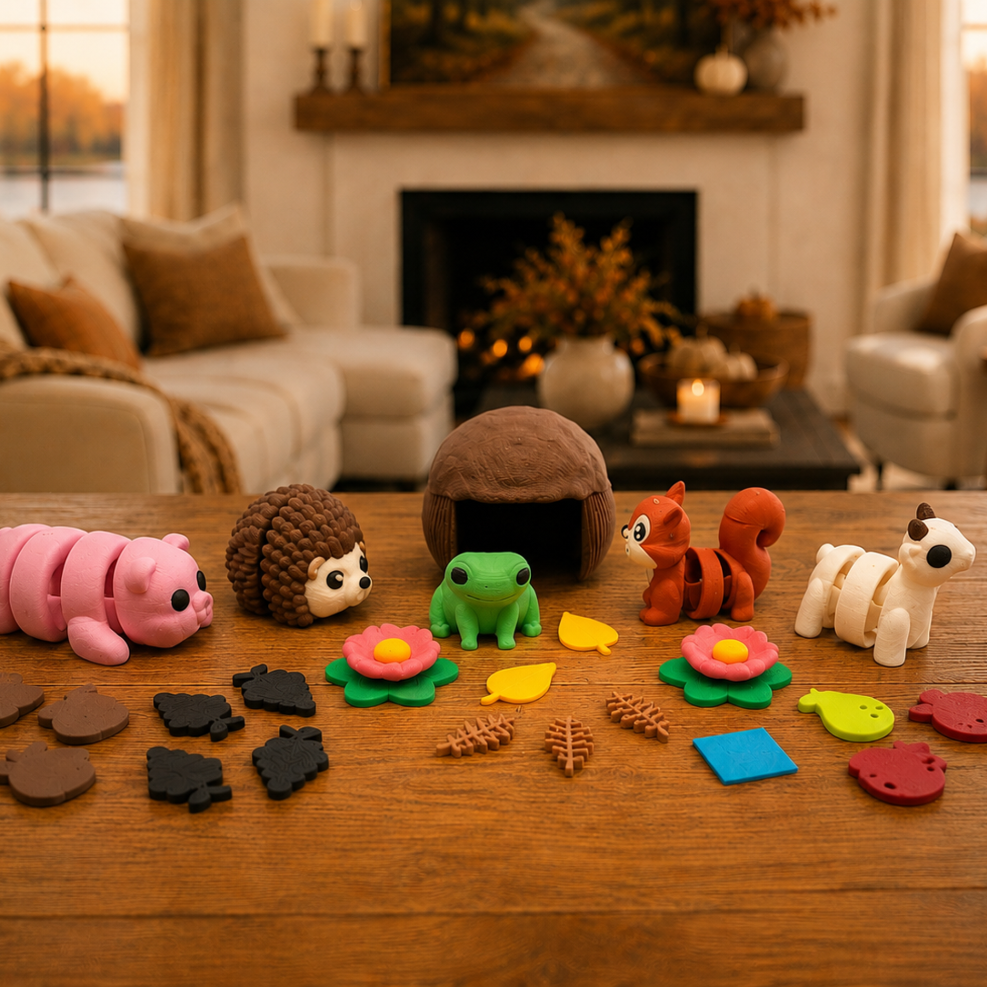 Hedgehog and Friends woodland miniature play set displayed on a wooden table for story retelling, speech therapy, and imaginative learning.