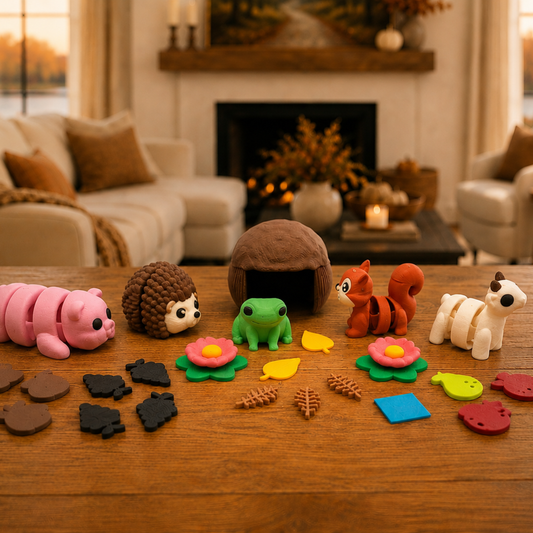 Hedgehog and Friends woodland miniature play set displayed on a wooden table for story retelling, speech therapy, and imaginative learning.