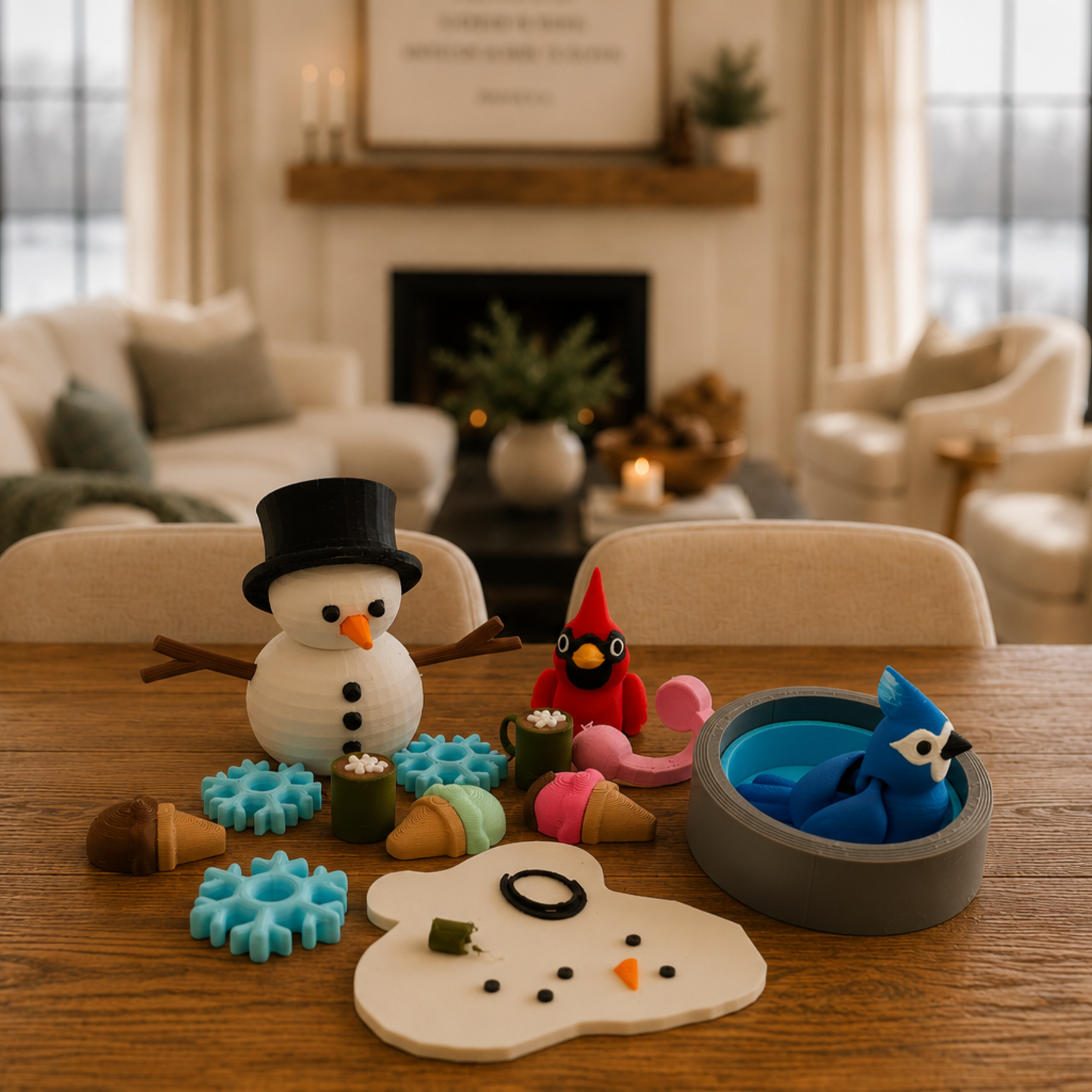 Winter storybook sensory play set with snowman, cardinal, blue jay, bunny, and snow-themed accessories displayed in a cozy home, perfect for speech therapy, preschool learning, homeschool, and imaginative play.