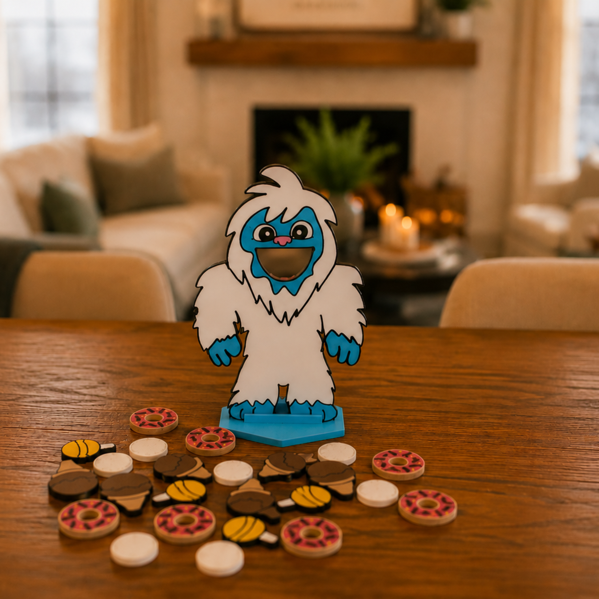 Feed the Yeti speech therapy game on a cozy wooden table with miniature winter treats for language and articulation activities