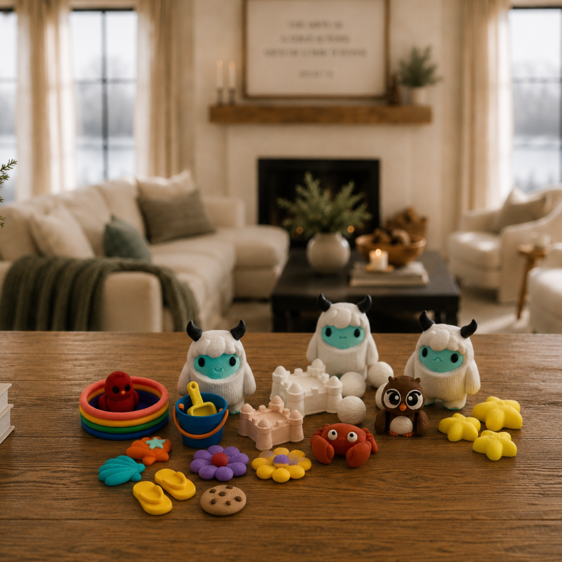 Yeti & Friends sensory play set displayed in a cozy home, featuring miniature yetis, beach accessories, stars, owl, crab, and storytelling pieces for speech therapy, homeschool, and imaginative play.