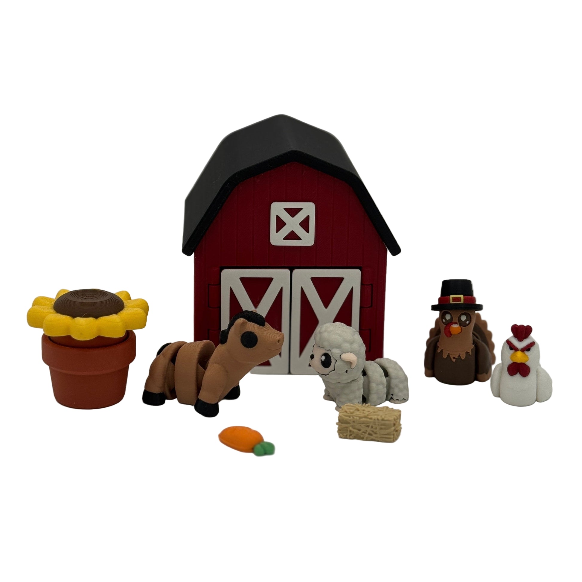 Farm animal miniature playset with red barn, horse, sheep, rooster, and food accessories for small world and sensory play