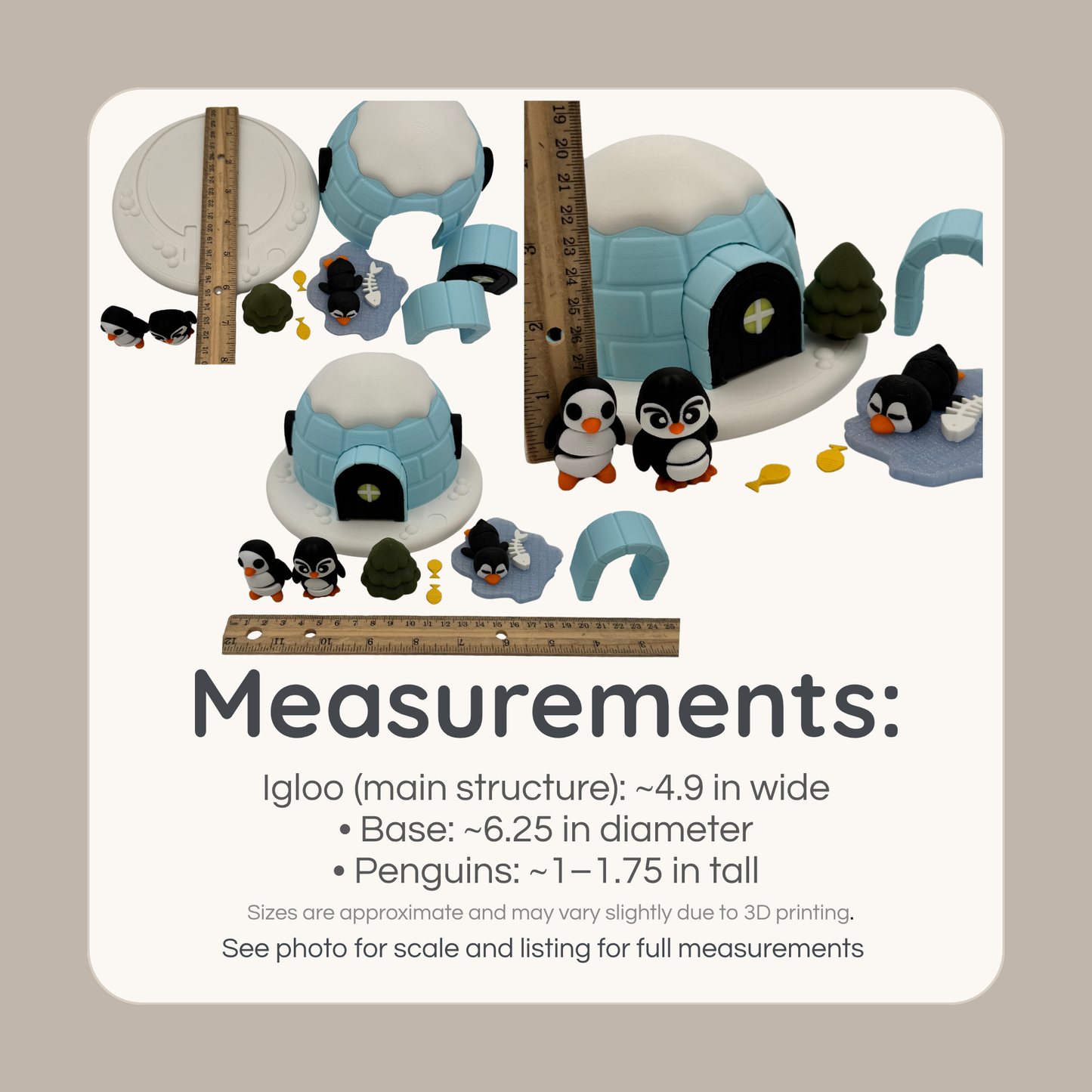 Size reference of penguin igloo play set with rulers showing dimensions of igloo and miniature figures
